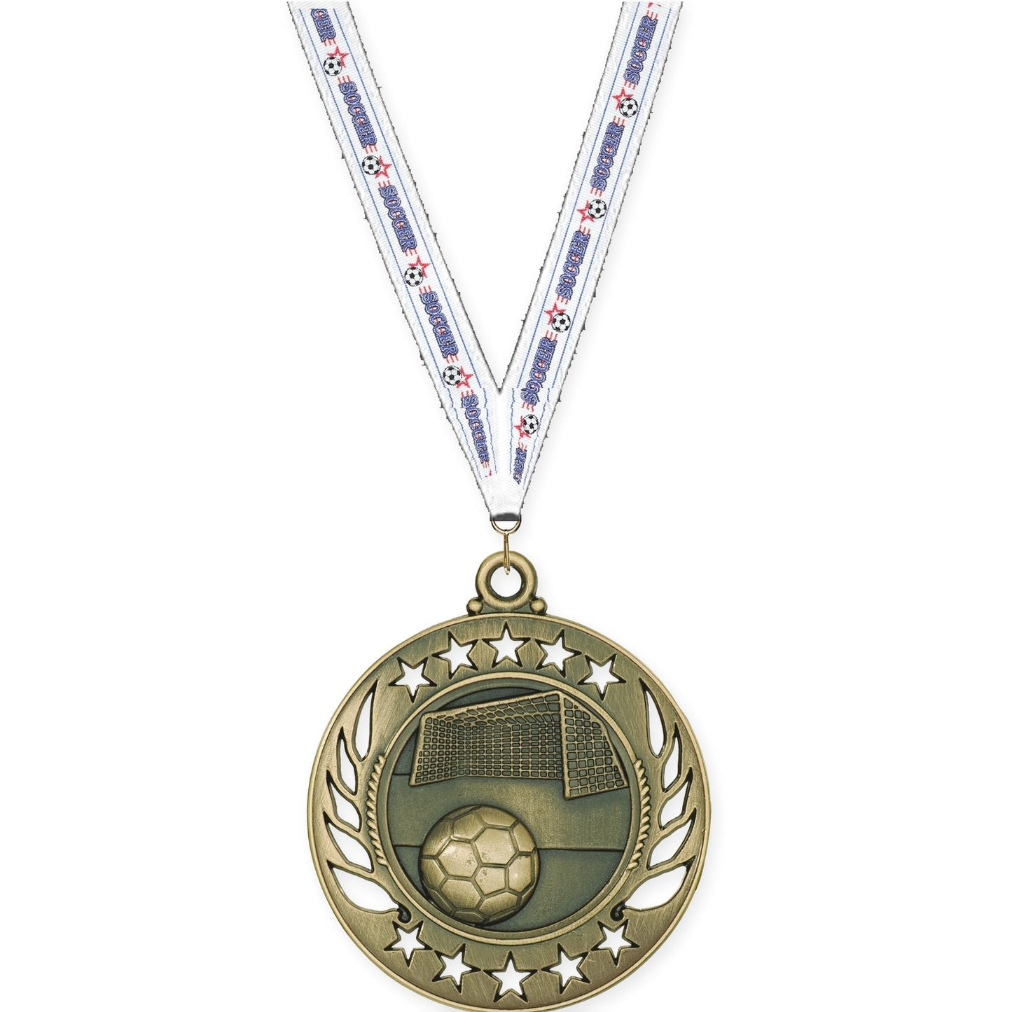 2 1/4 inch soccer Galaxy medal in antique gold with Soccer neck ribbon