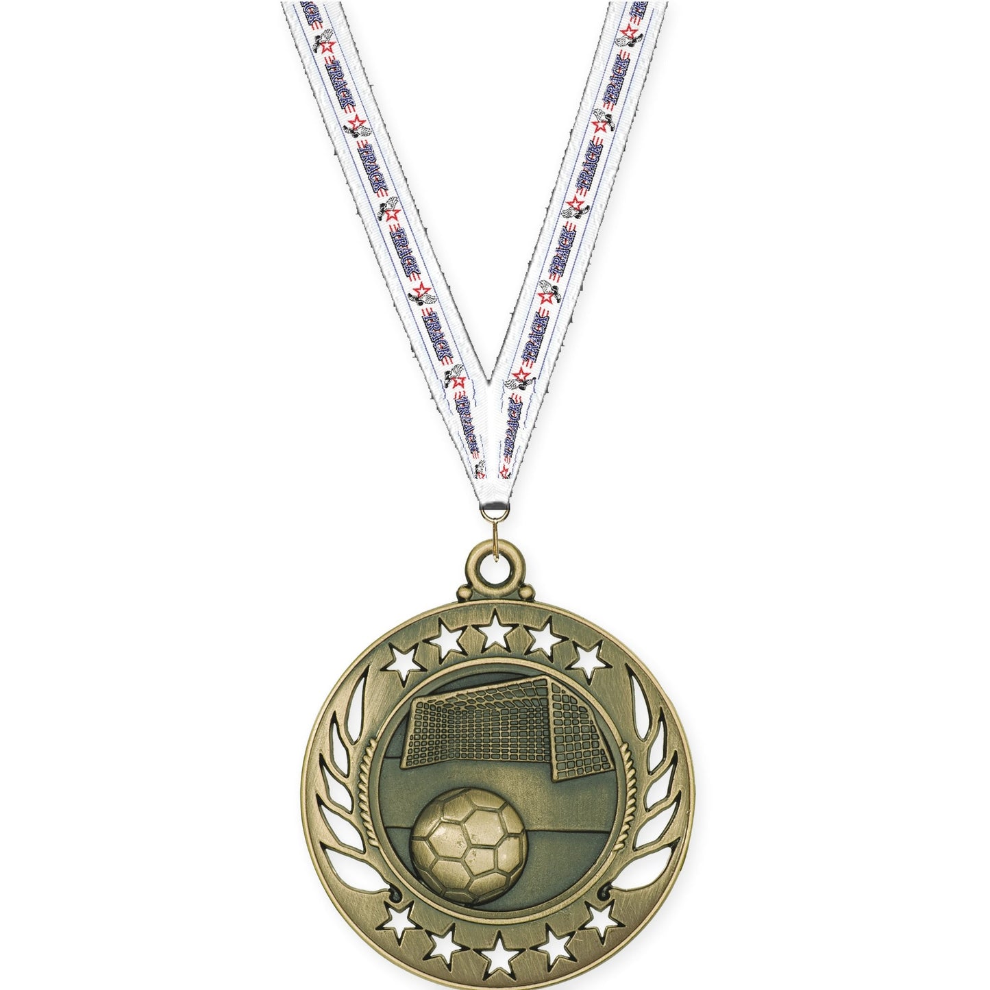 2 1/4 inch soccer Galaxy medal in antique gold with Track neck ribbon