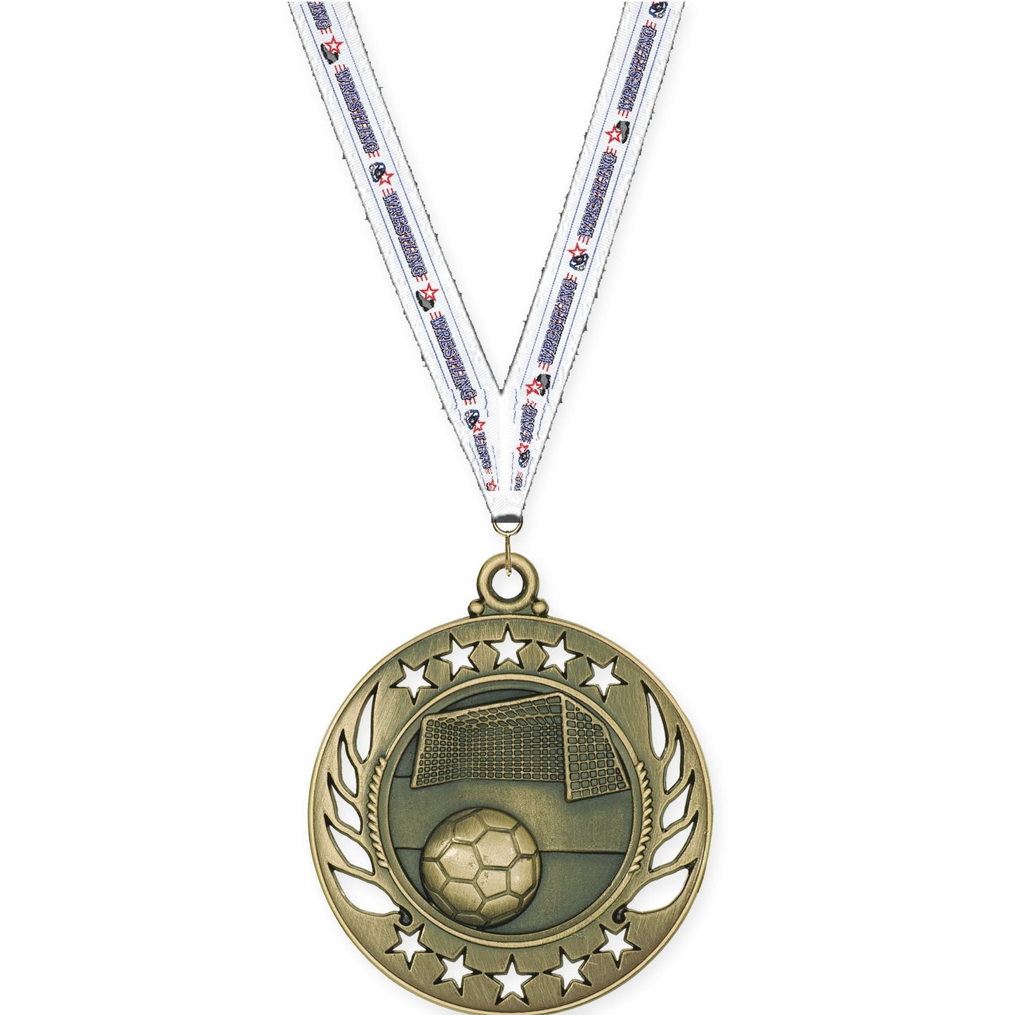 2 1/4 inch soccer Galaxy medal in antique gold with Wrestling neck ribbon