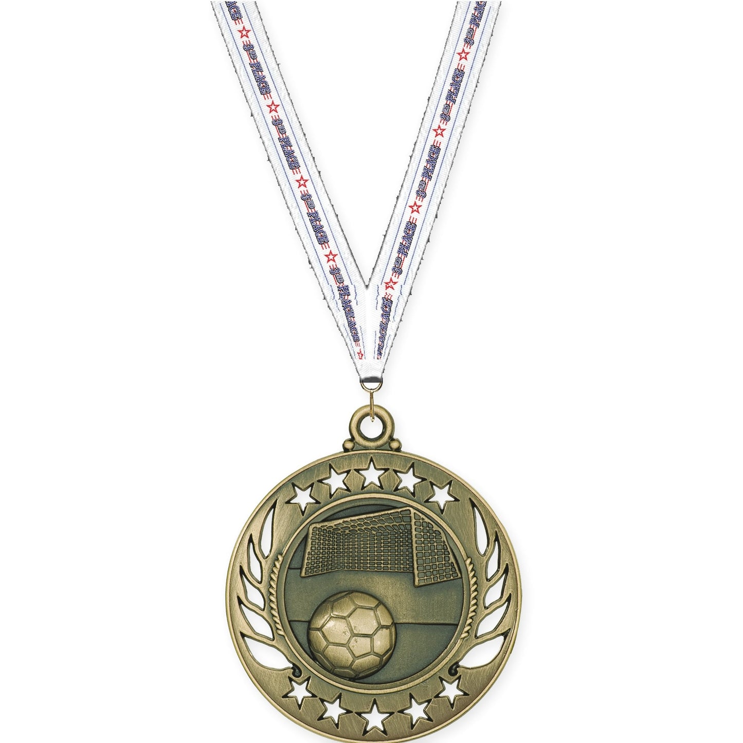 2 1/4 inch soccer Galaxy medal in antique gold with 3rd Place neck ribbon