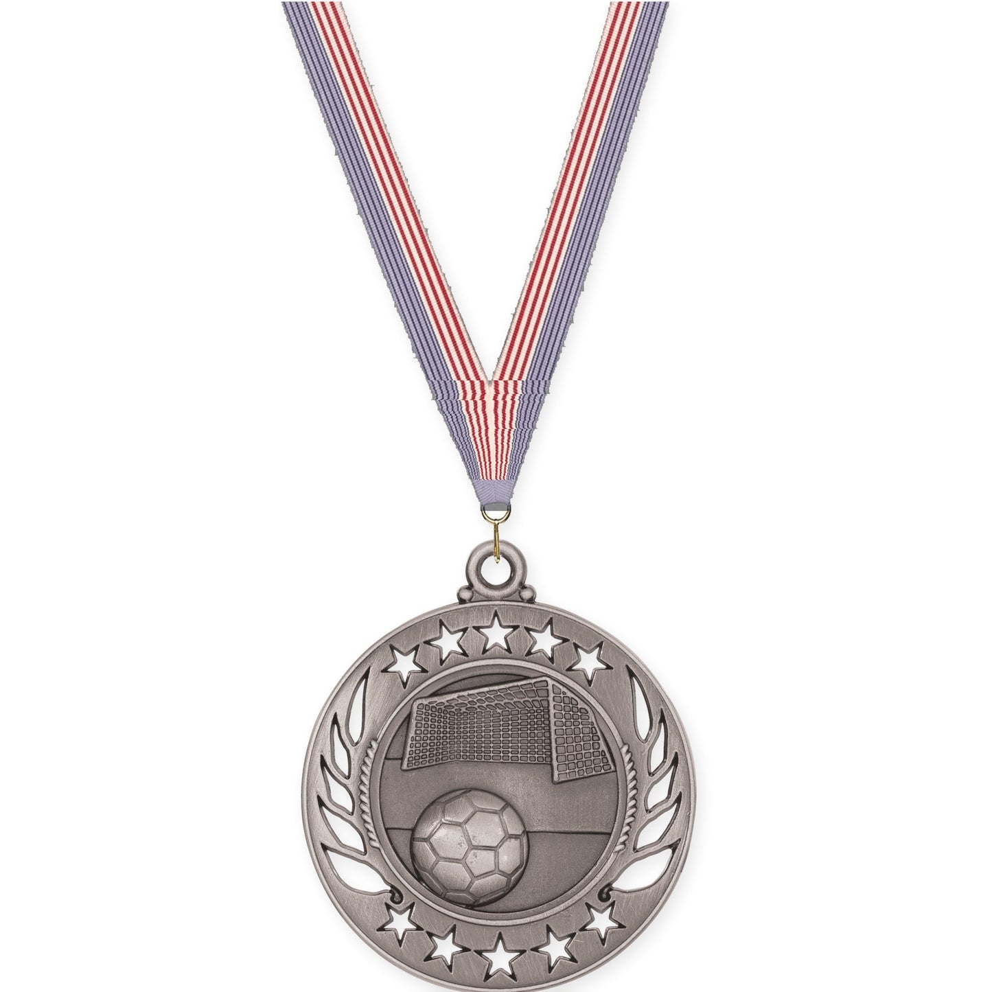 2 1/4 inch soccer Galaxy medal in antique silver with USA Flag neck ribbon