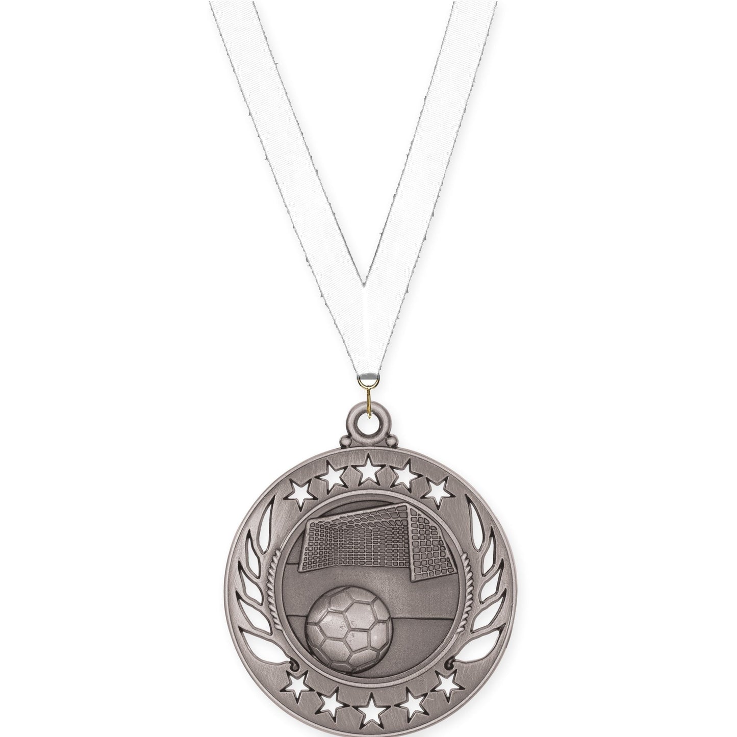 2 1/4 inch soccer Galaxy medal in antique silver with White neck ribbon
