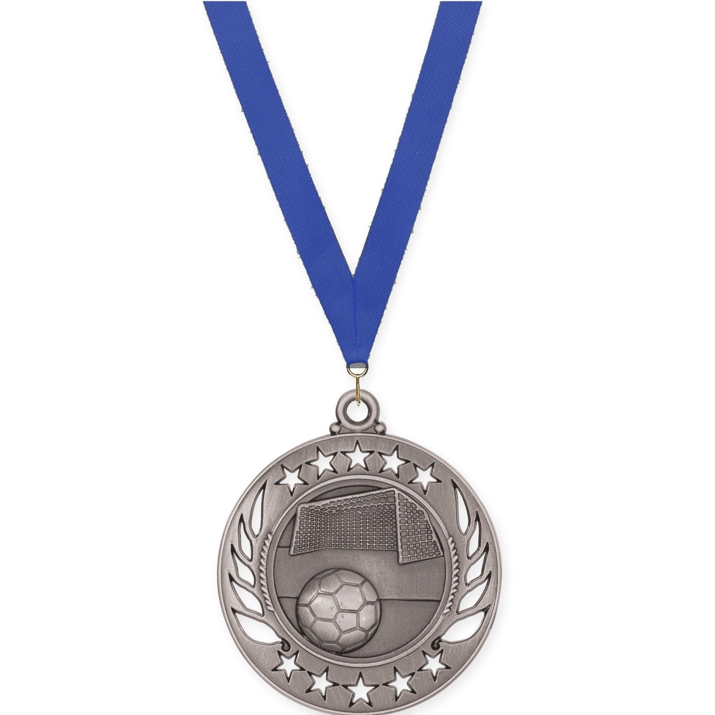 2 1/4 inch soccer Galaxy medal in antique silver with Blue neck ribbon