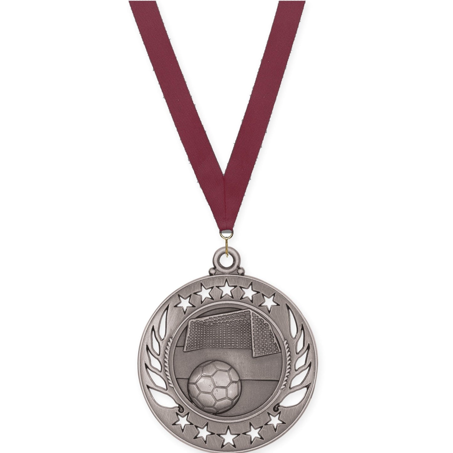 2 1/4 inch soccer Galaxy medal in antique silver with Maroon neck ribbon