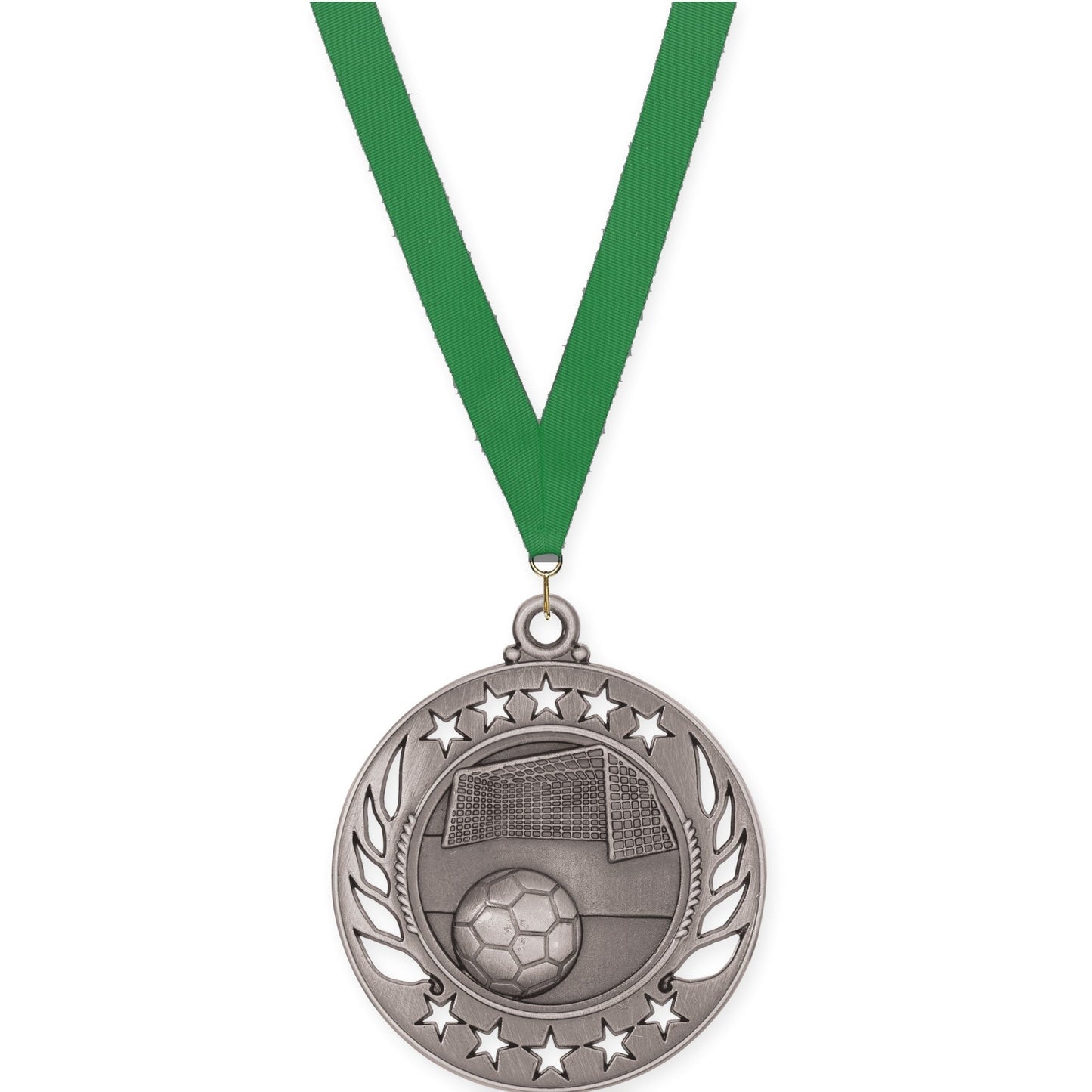 2 1/4 inch soccer Galaxy medal in antique silver with Green neck ribbon