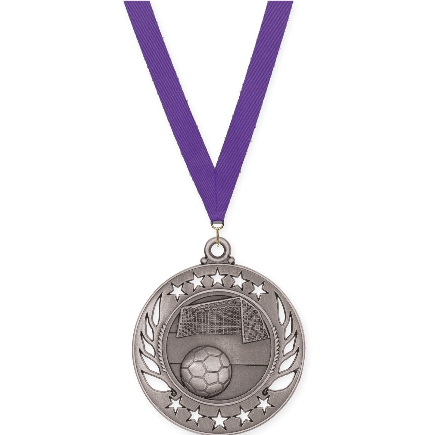 2 1/4 inch soccer Galaxy medal in antique silver with Purple neck ribbon