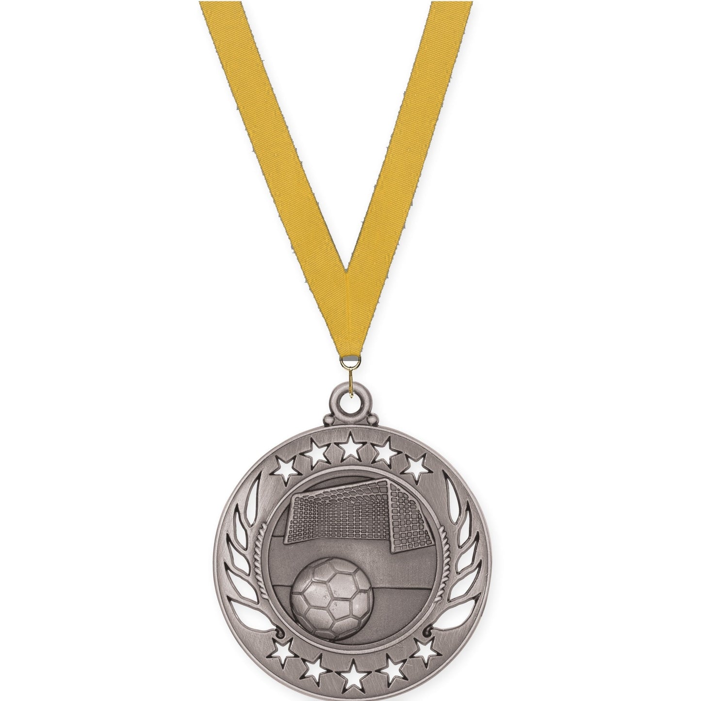 2 1/4 inch soccer Galaxy medal in antique silver with Gold neck ribbon
