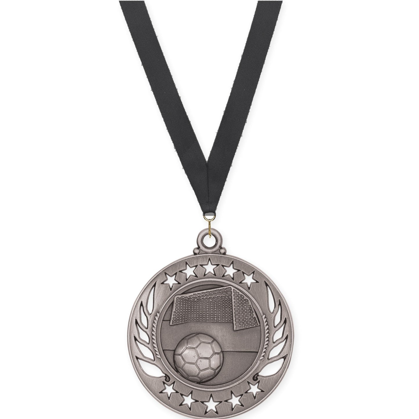 2 1/4 inch soccer Galaxy medal in antique silver with Black neck ribbon