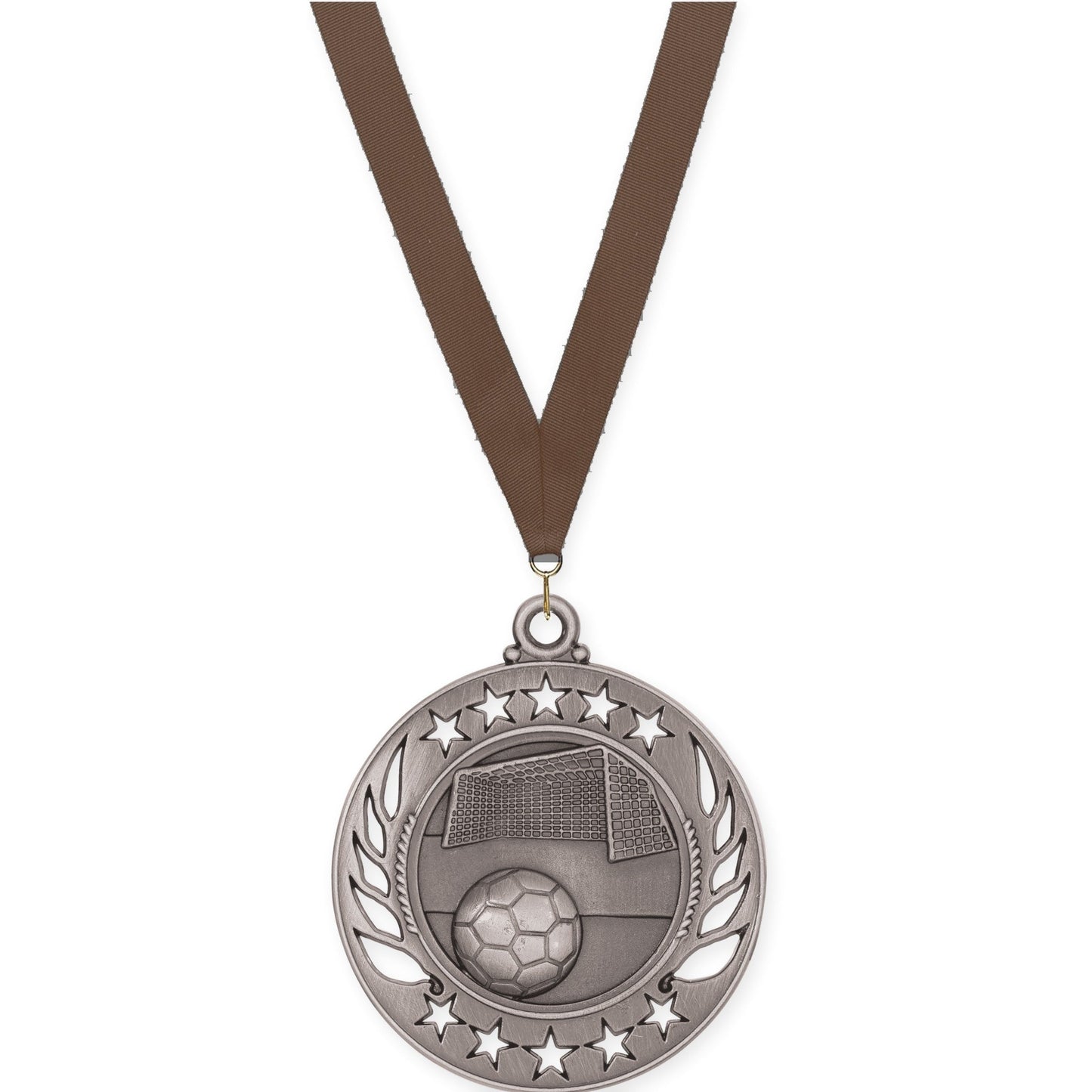 2 1/4 inch soccer Galaxy medal in antique silver with Brown neck ribbon