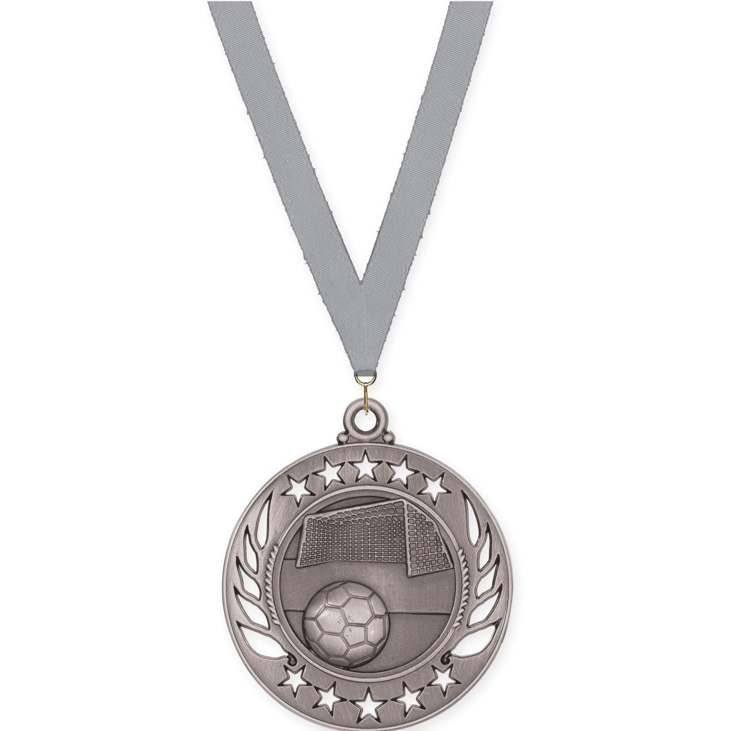 2 1/4 inch soccer Galaxy medal in antique silver with Gray neck ribbon