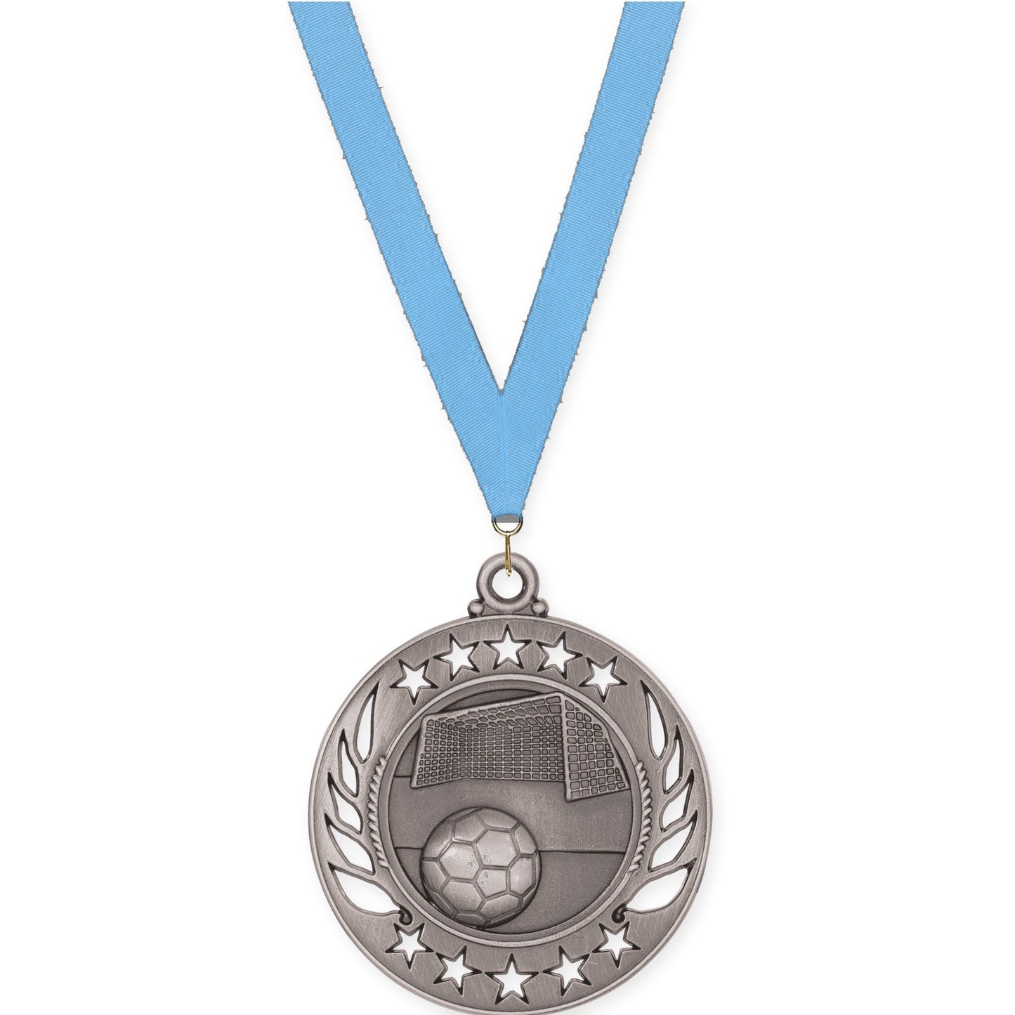 2 1/4 inch soccer Galaxy medal in antique silver with Light Blue neck ribbon