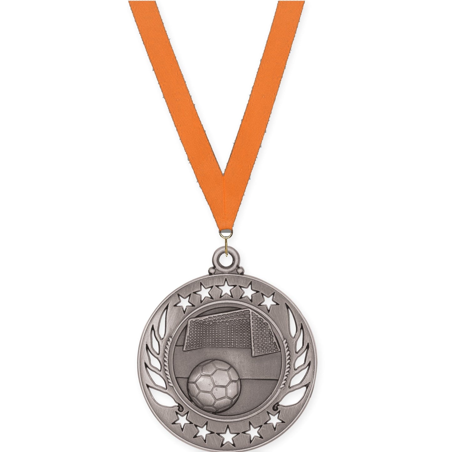 2 1/4 inch soccer Galaxy medal in antique silver with Orange neck ribbon