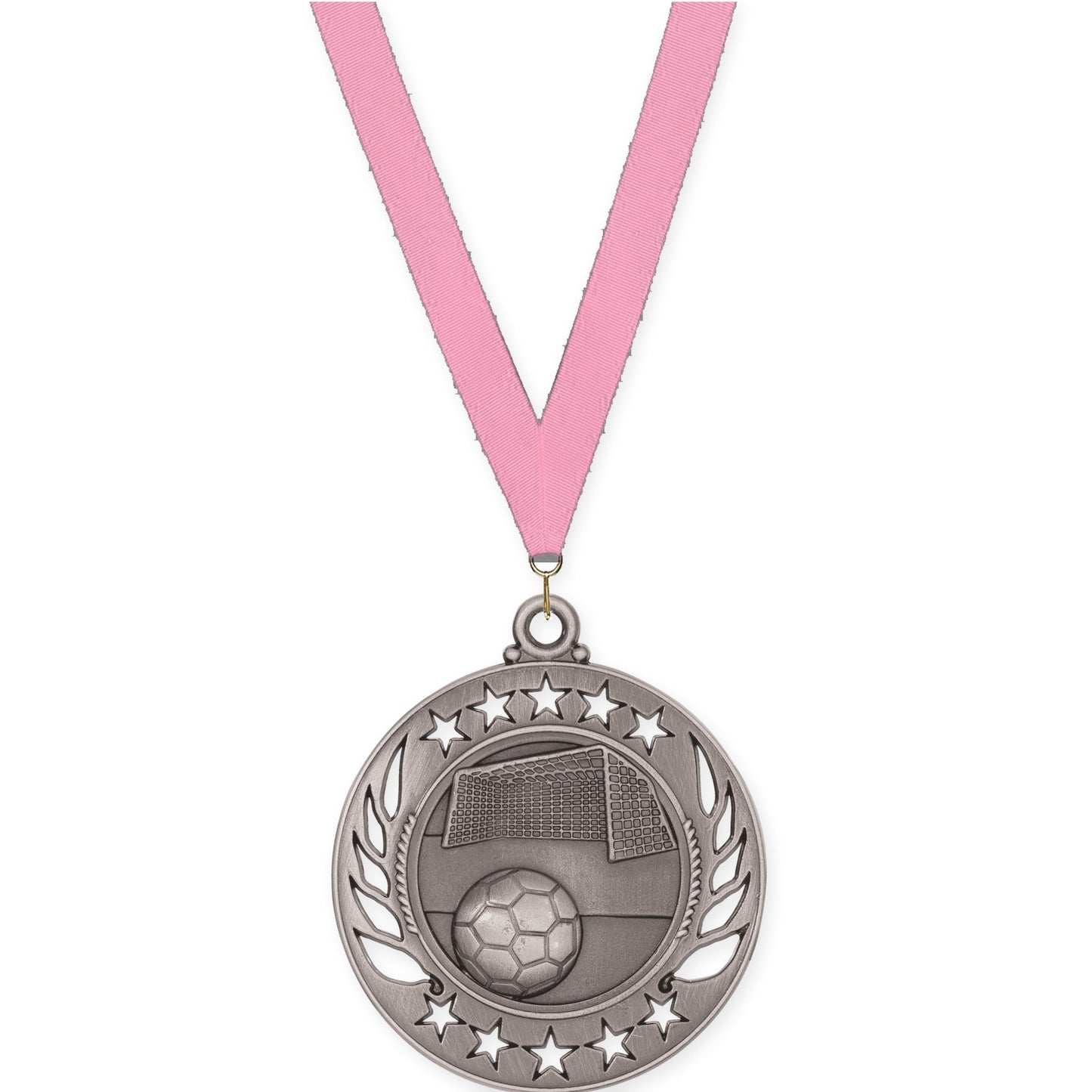 2 1/4 inch soccer Galaxy medal in antique silver with Pink neck ribbon
