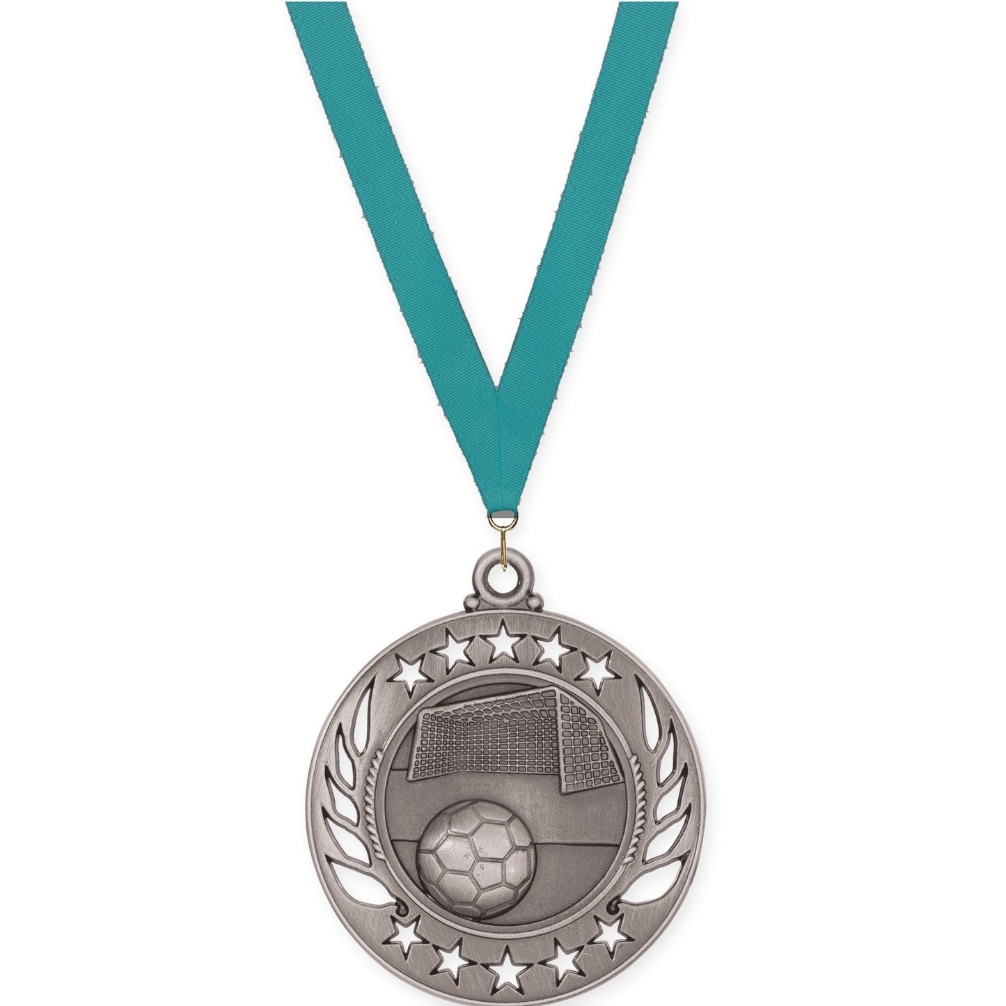 2 1/4 inch soccer Galaxy medal in antique silver with Teal neck ribbon