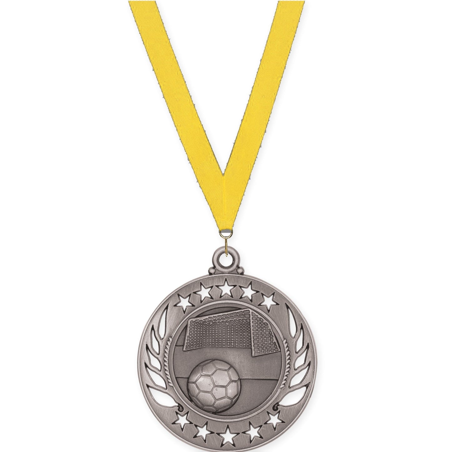 2 1/4 inch soccer Galaxy medal in antique silver with Yellow neck ribbon