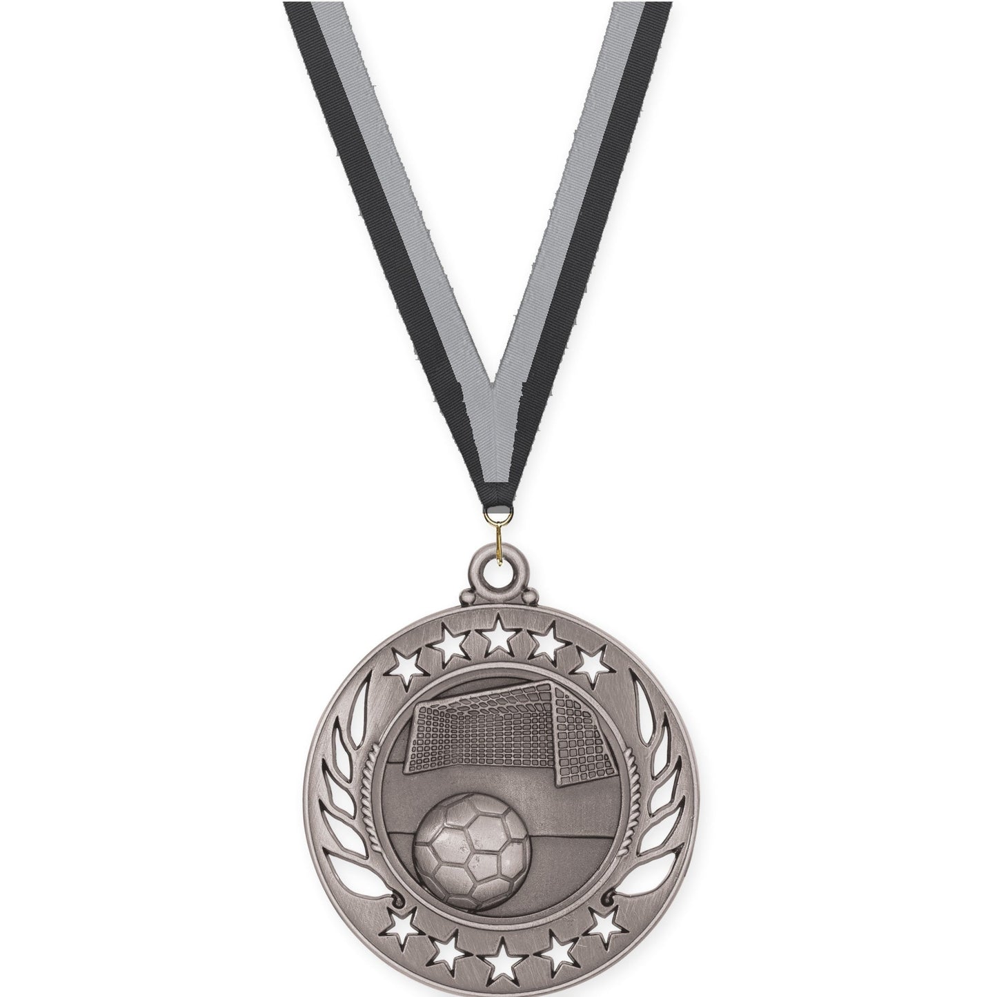 2 1/4 inch soccer Galaxy medal in antique silver with Black Gray neck ribbon