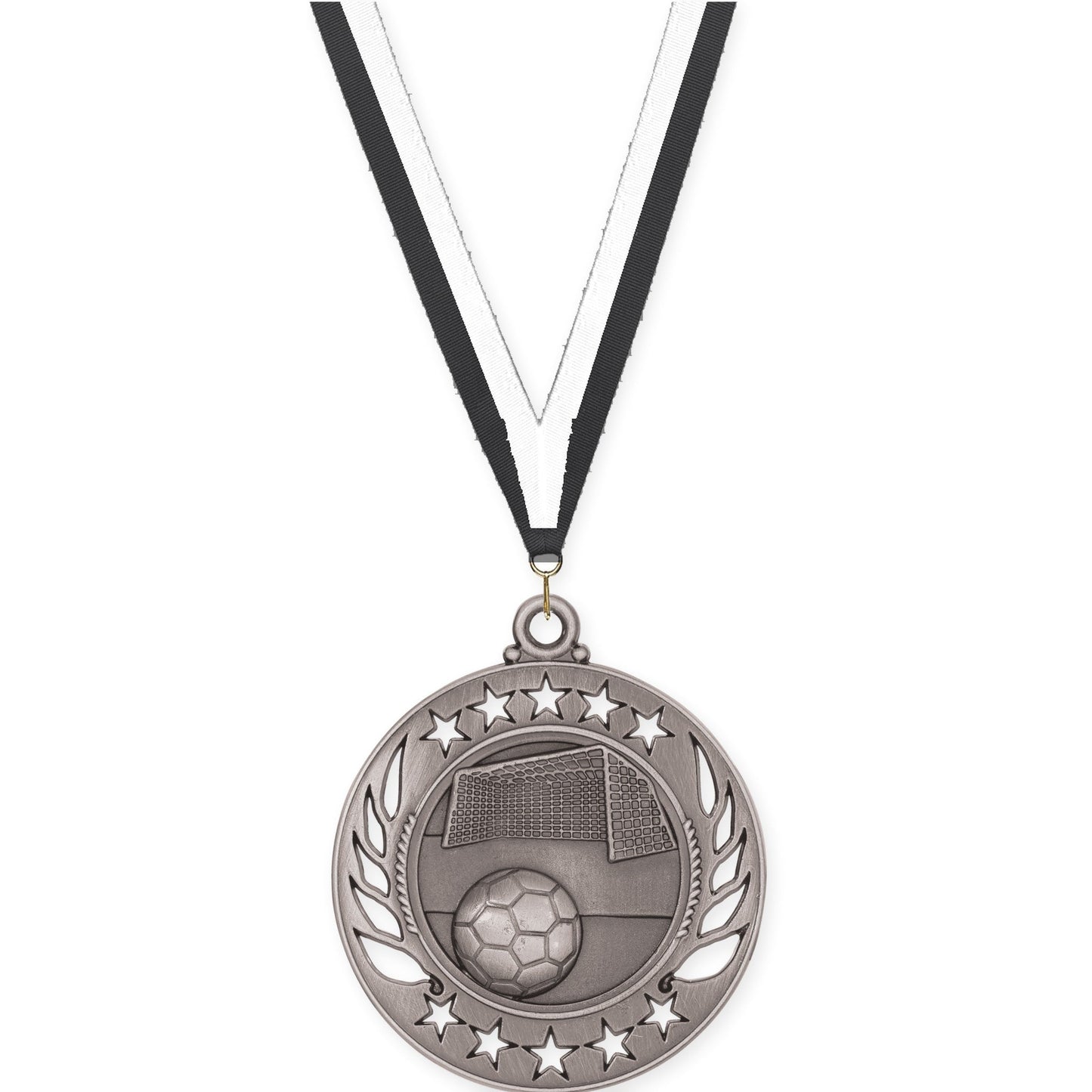 2 1/4 inch soccer Galaxy medal in antique silver with Black White neck ribbon