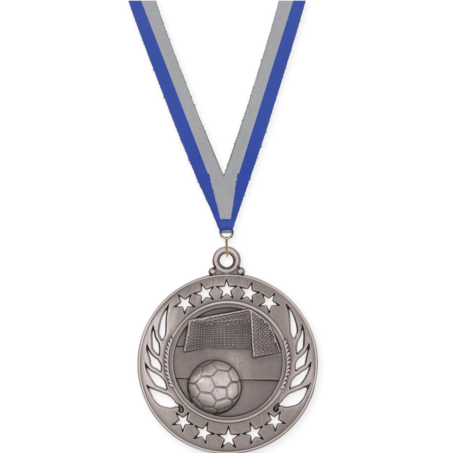 2 1/4 inch soccer Galaxy medal in antique silver with Blue Gray neck ribbon