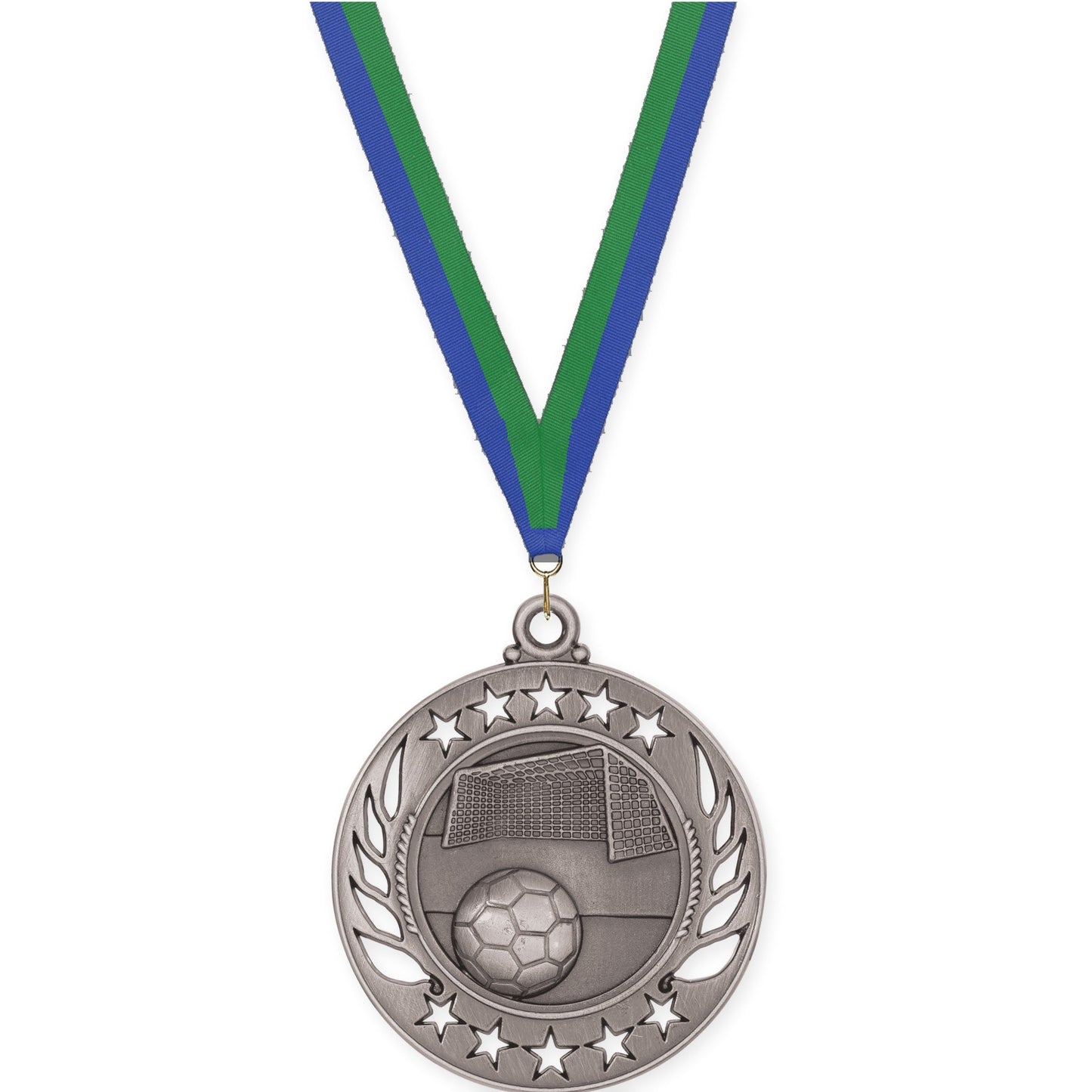 2 1/4 inch soccer Galaxy medal in antique silver with Blue Green neck ribbon