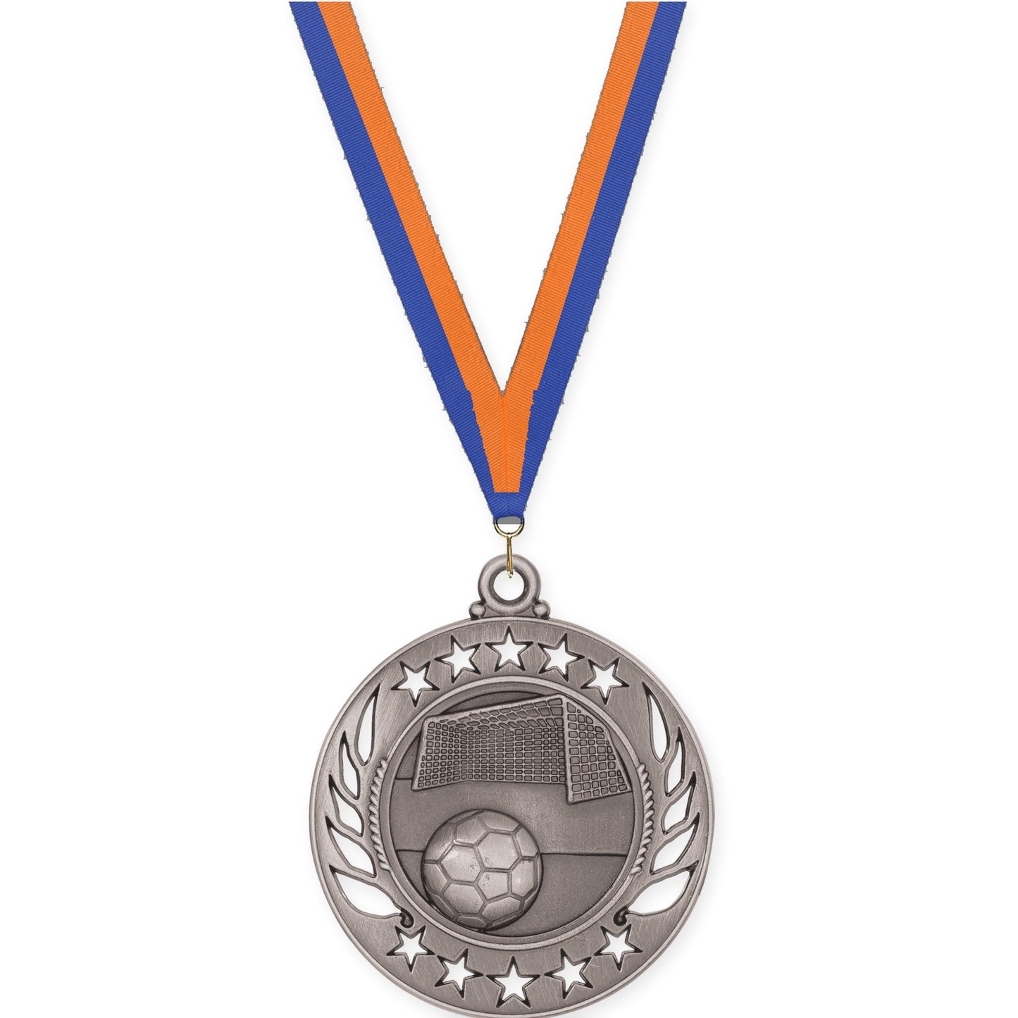 2 1/4 inch soccer Galaxy medal in antique silver with Blue Orange neck ribbon