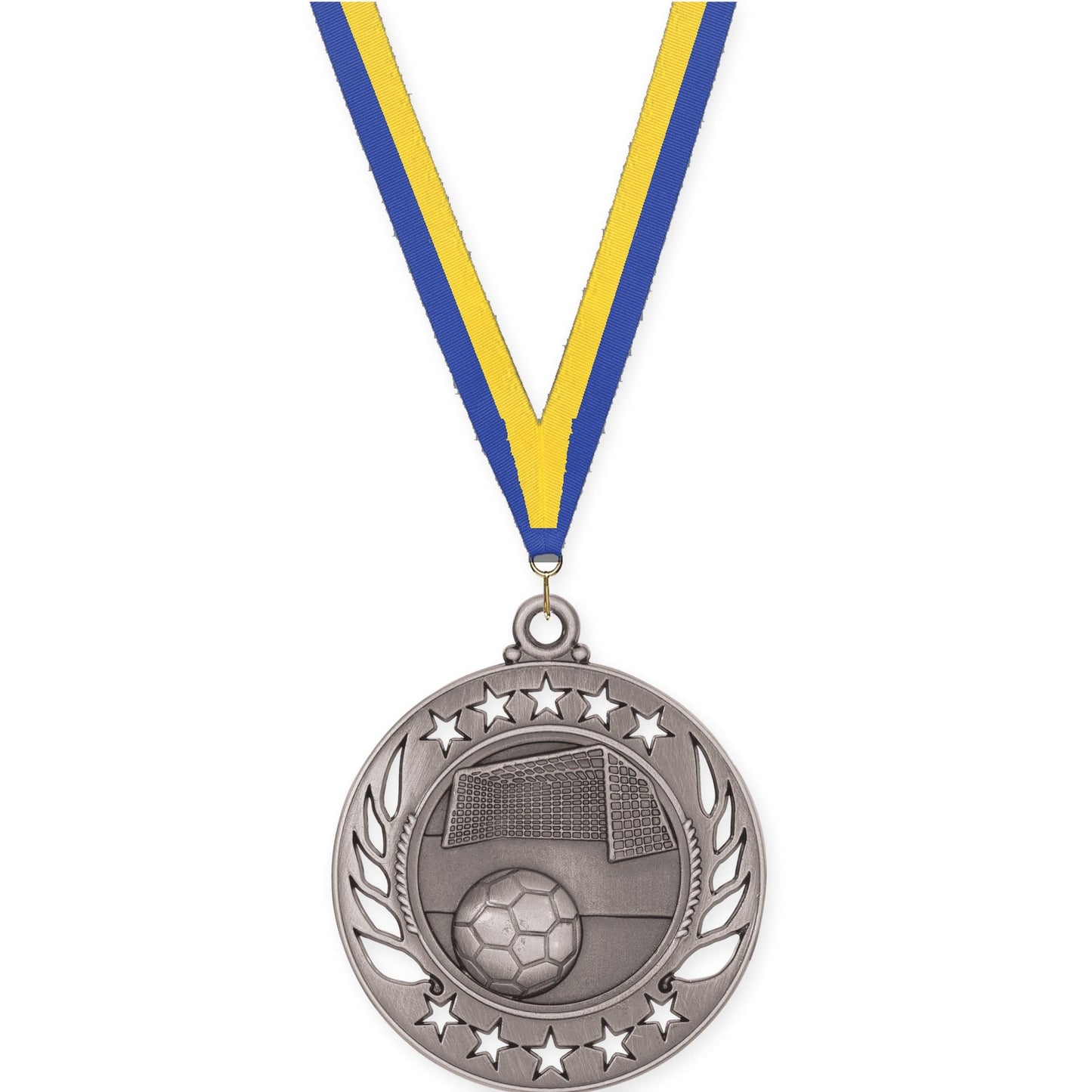 2 1/4 inch soccer Galaxy medal in antique silver with Blue Yellow neck ribbon