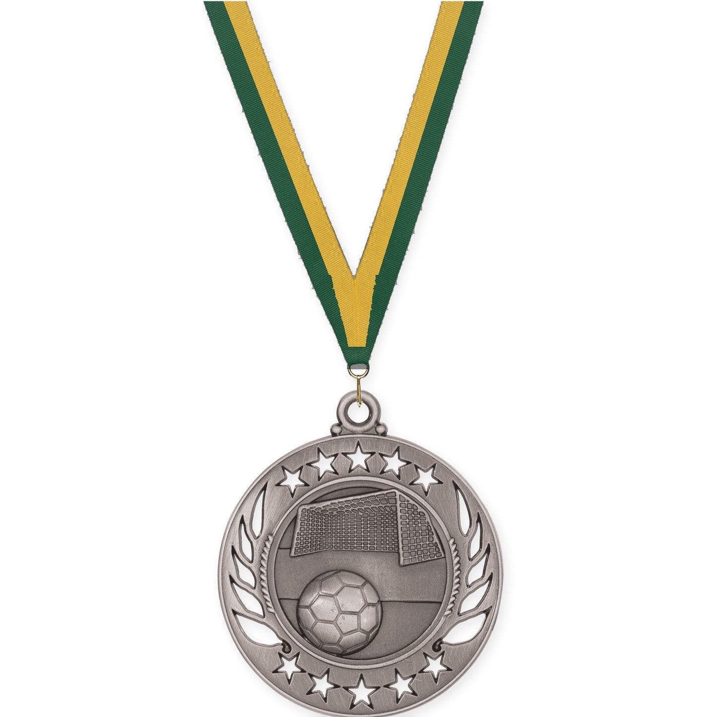 2 1/4 inch soccer Galaxy medal in antique silver with Hunter Green Gold neck ribbon