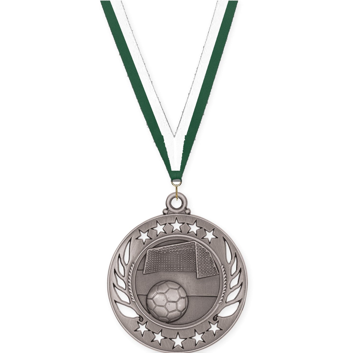 2 1/4 inch soccer Galaxy medal in antique silver with Hunter Green White neck ribbon