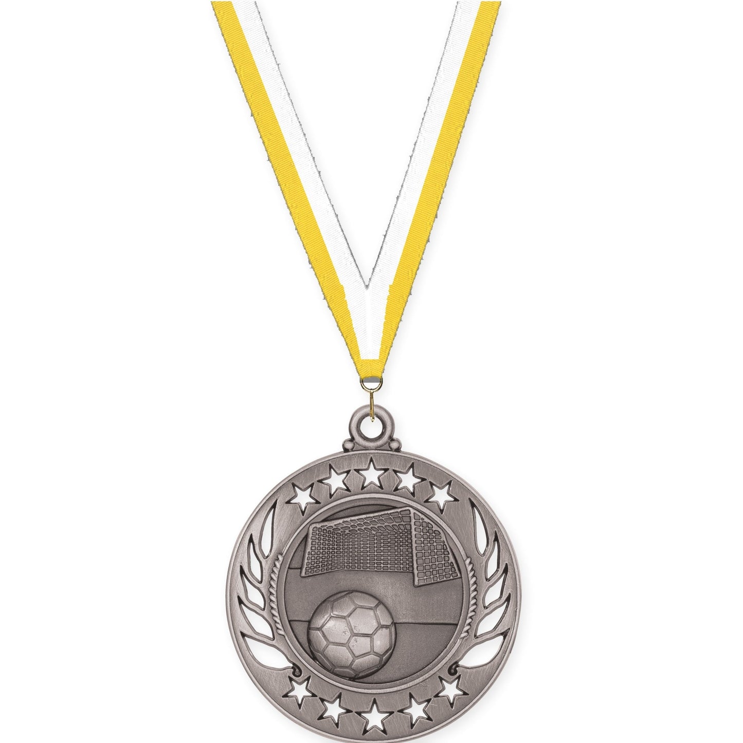 2 1/4 inch soccer Galaxy medal in antique silver with Yellow White neck ribbon