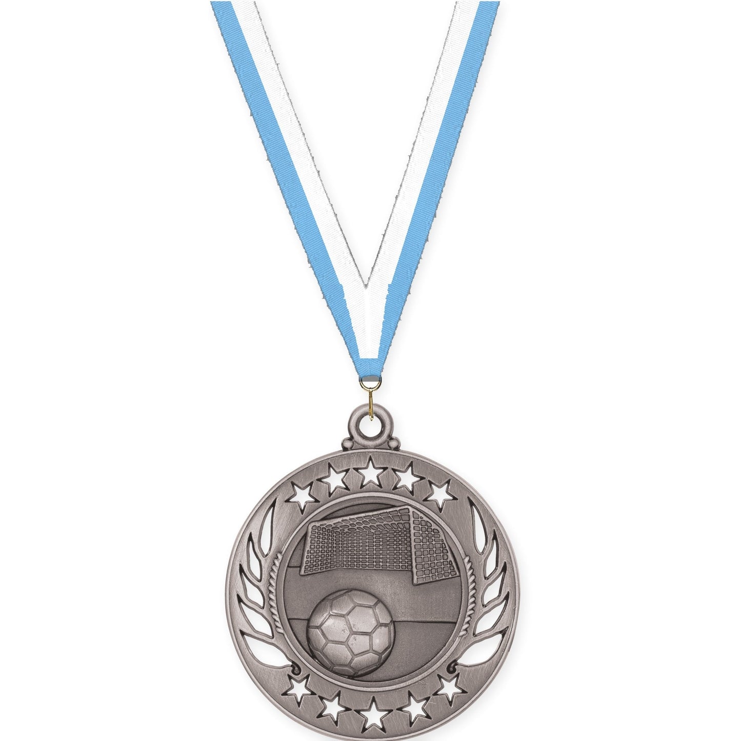 2 1/4 inch soccer Galaxy medal in antique silver with Light Blue White neck ribbon