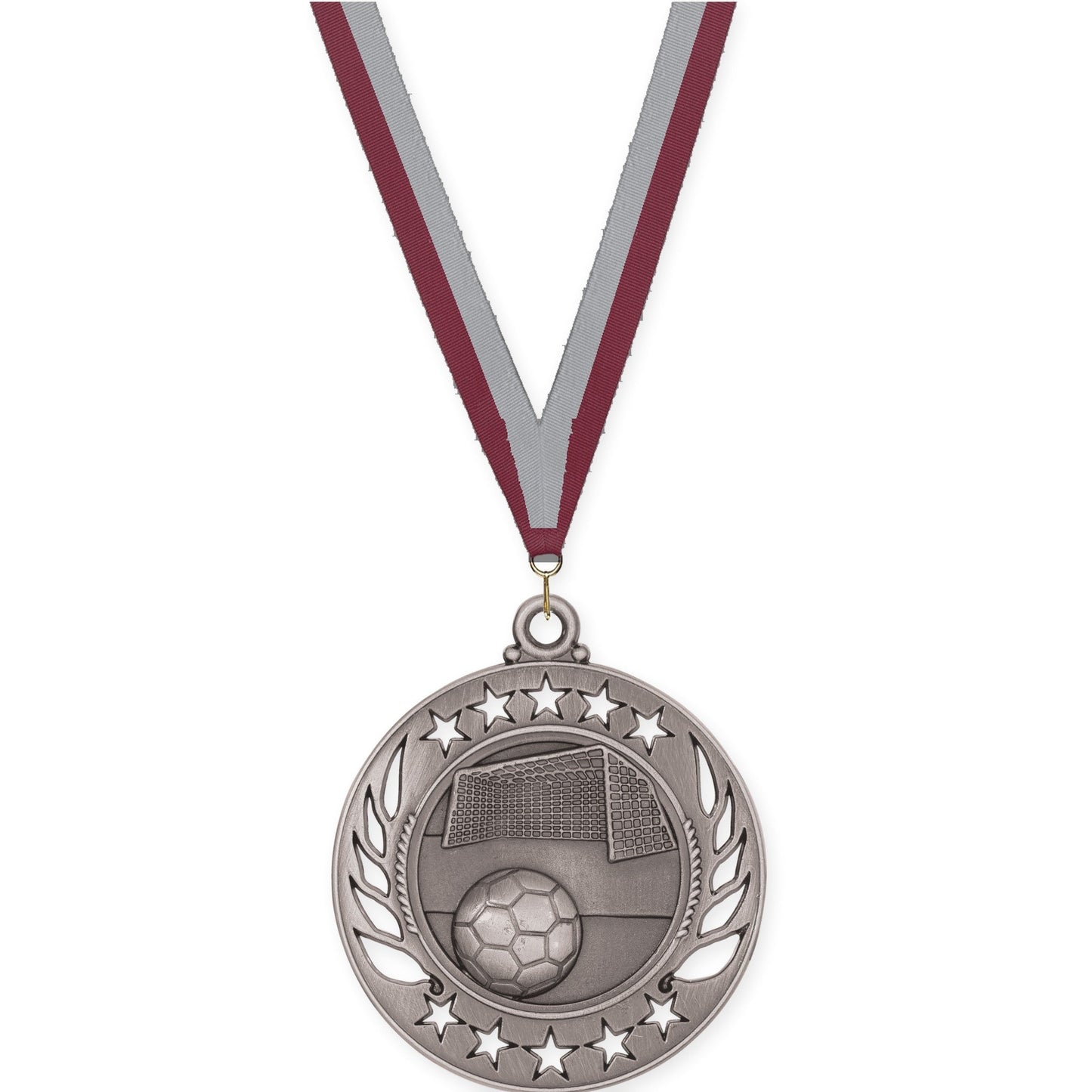 2 1/4 inch soccer Galaxy medal in antique silver with Maroon Gray neck ribbon
