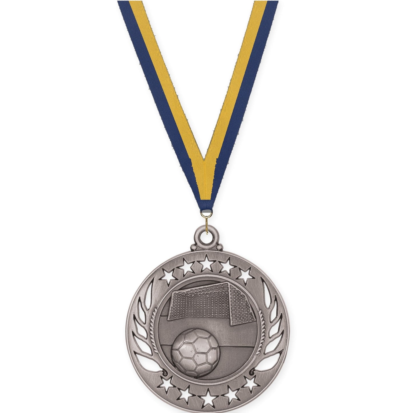 2 1/4 inch soccer Galaxy medal in antique silver with Navy Gold neck ribbon