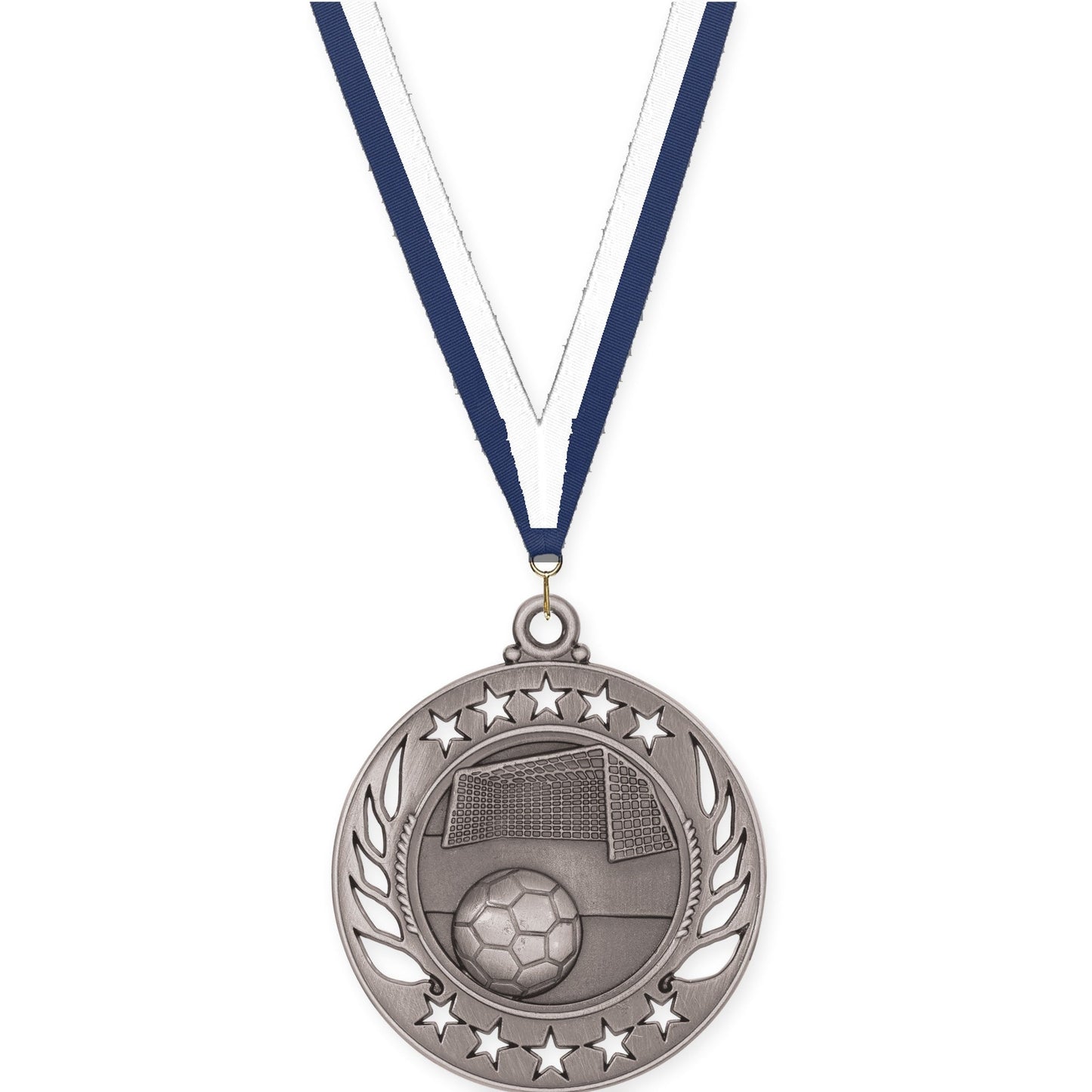 2 1/4 inch soccer Galaxy medal in antique silver with Navy White neck ribbon