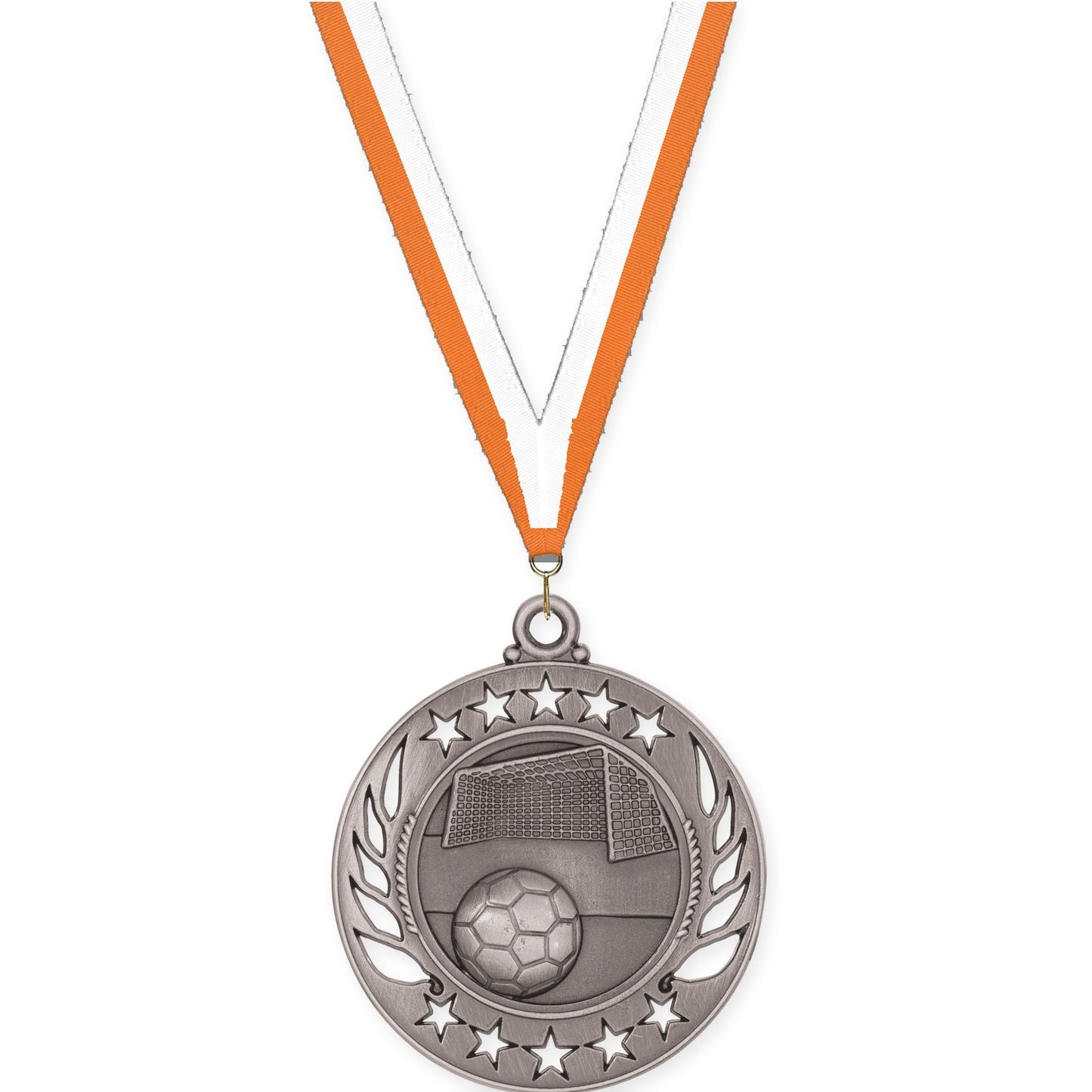 2 1/4 inch soccer Galaxy medal in antique silver with Orange White neck ribbon