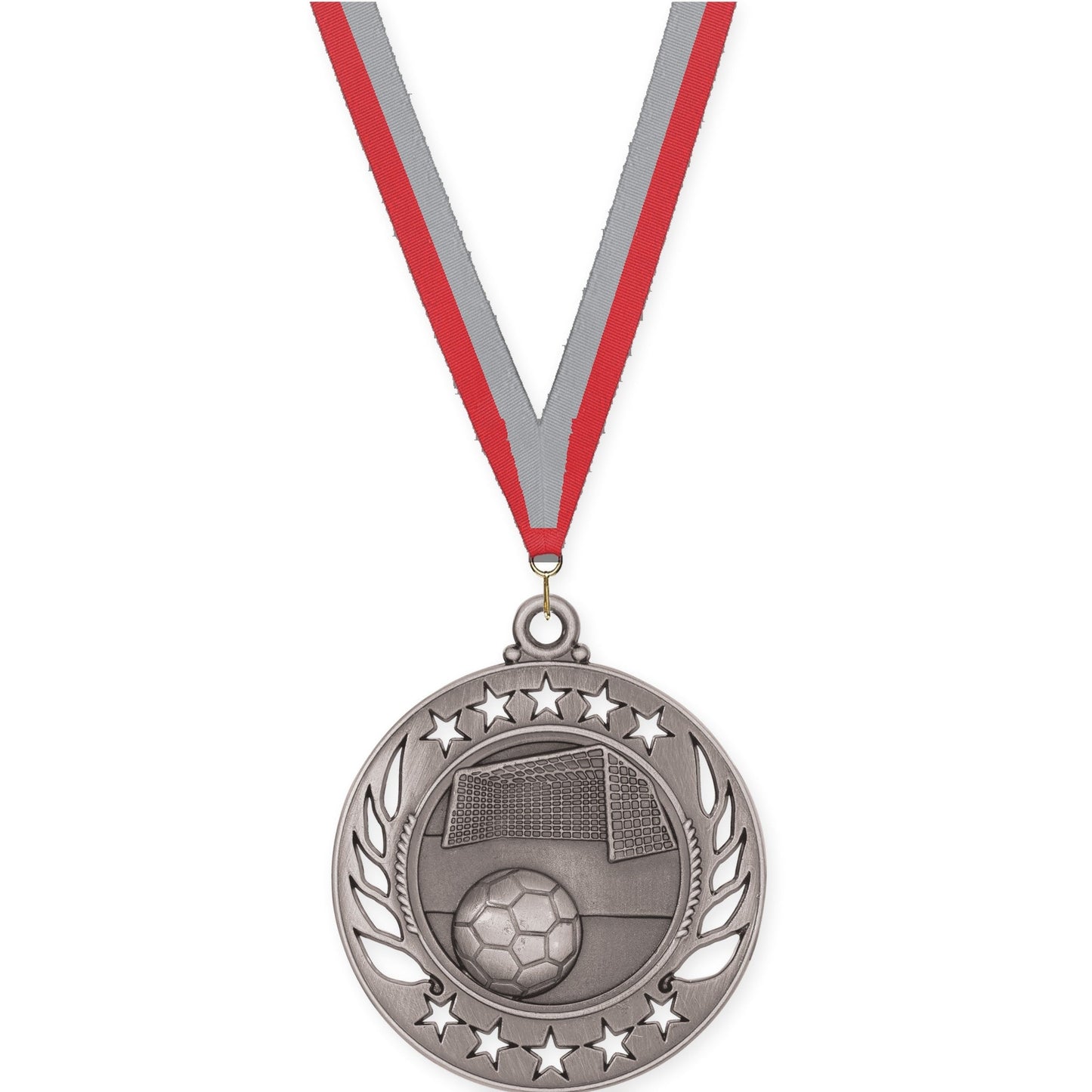 2 1/4 inch soccer Galaxy medal in antique silver with Red Gray neck ribbon