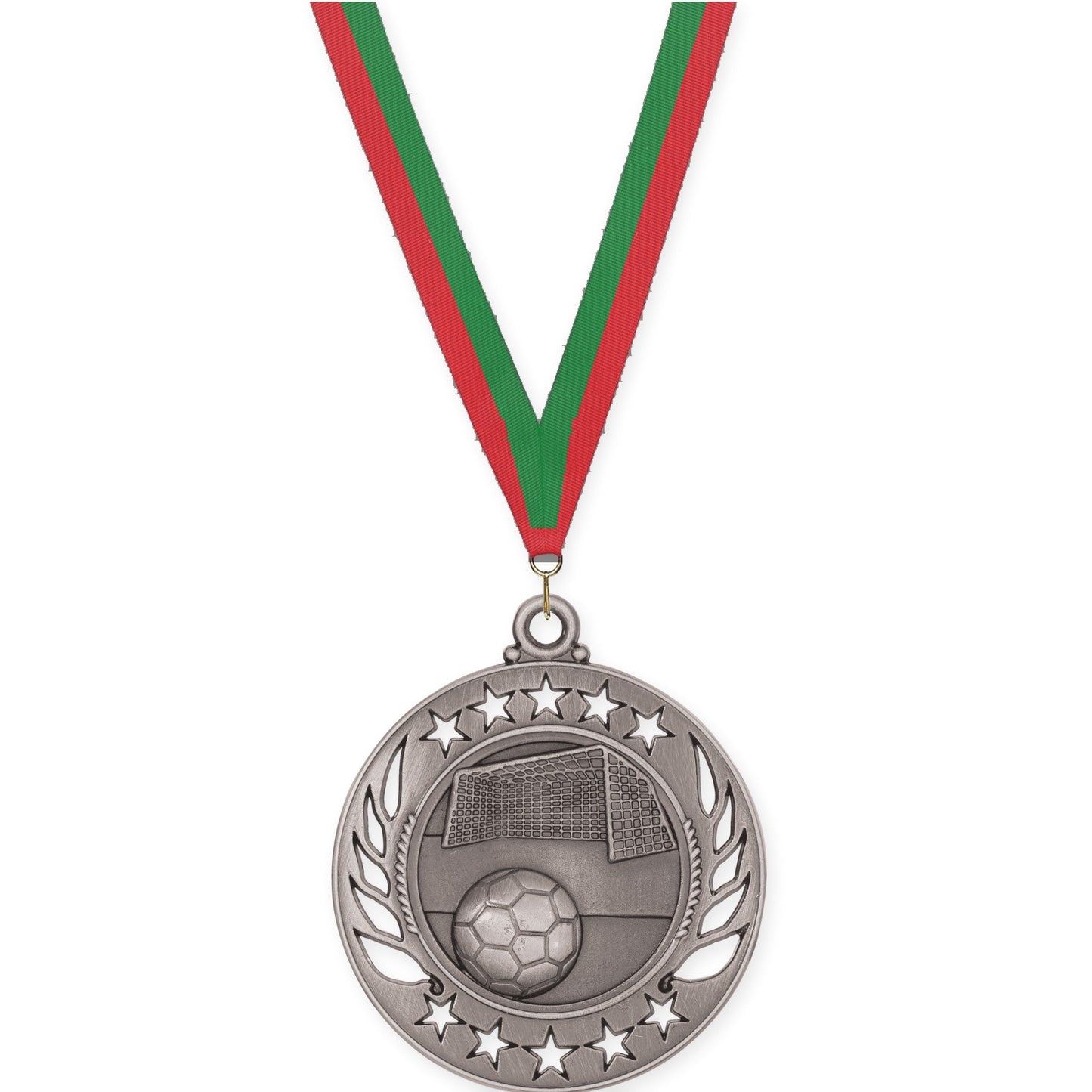 2 1/4 inch soccer Galaxy medal in antique silver with Red Green neck ribbon