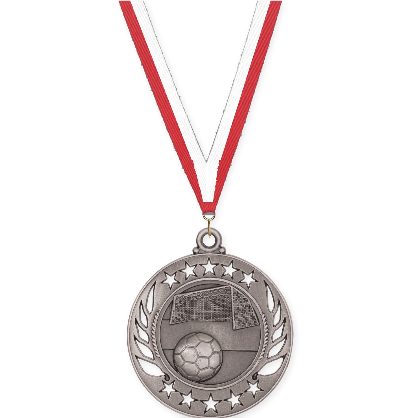 2 1/4 inch soccer Galaxy medal in antique silver with Red White neck ribbon