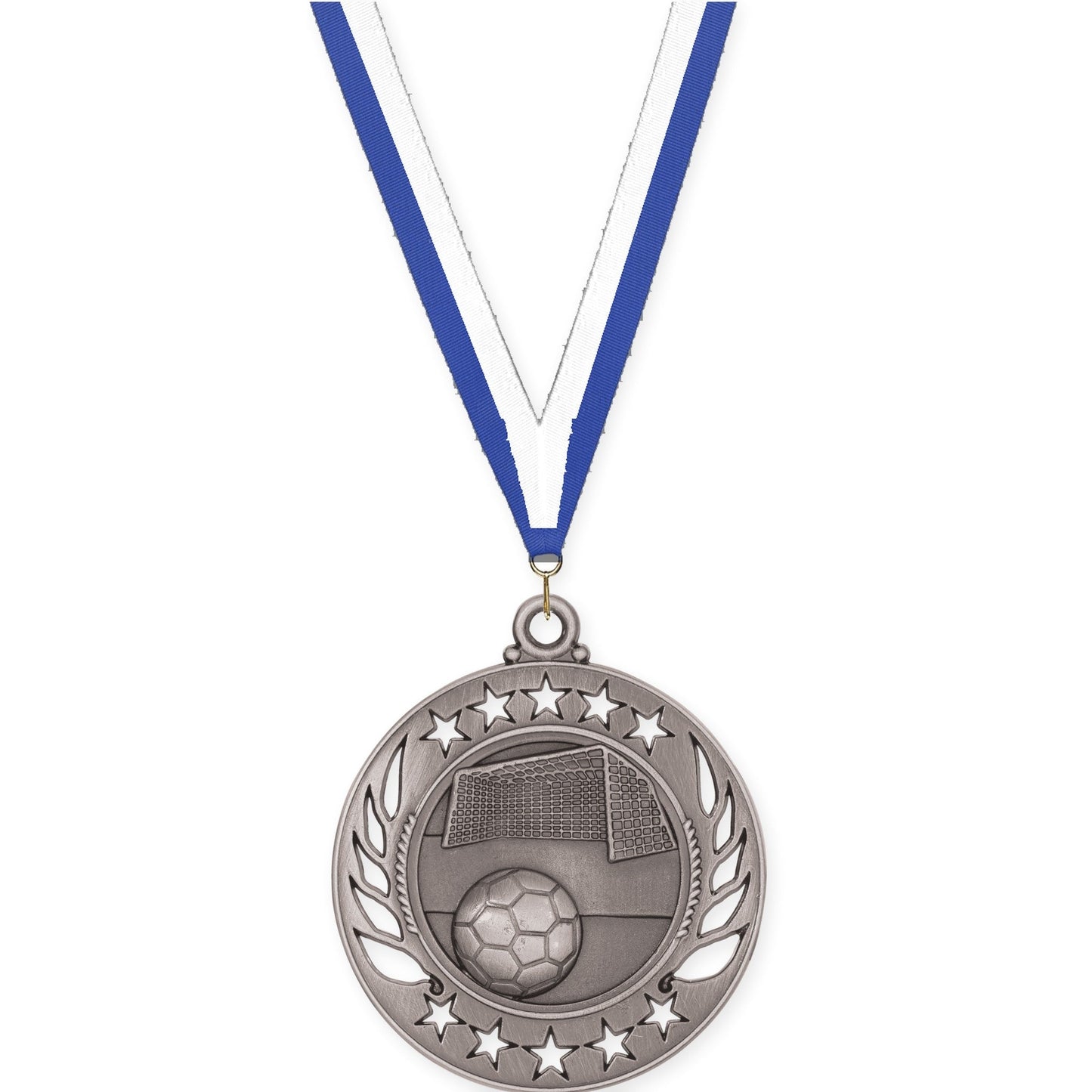 2 1/4 inch soccer Galaxy medal in antique silver with Blue White neck ribbon