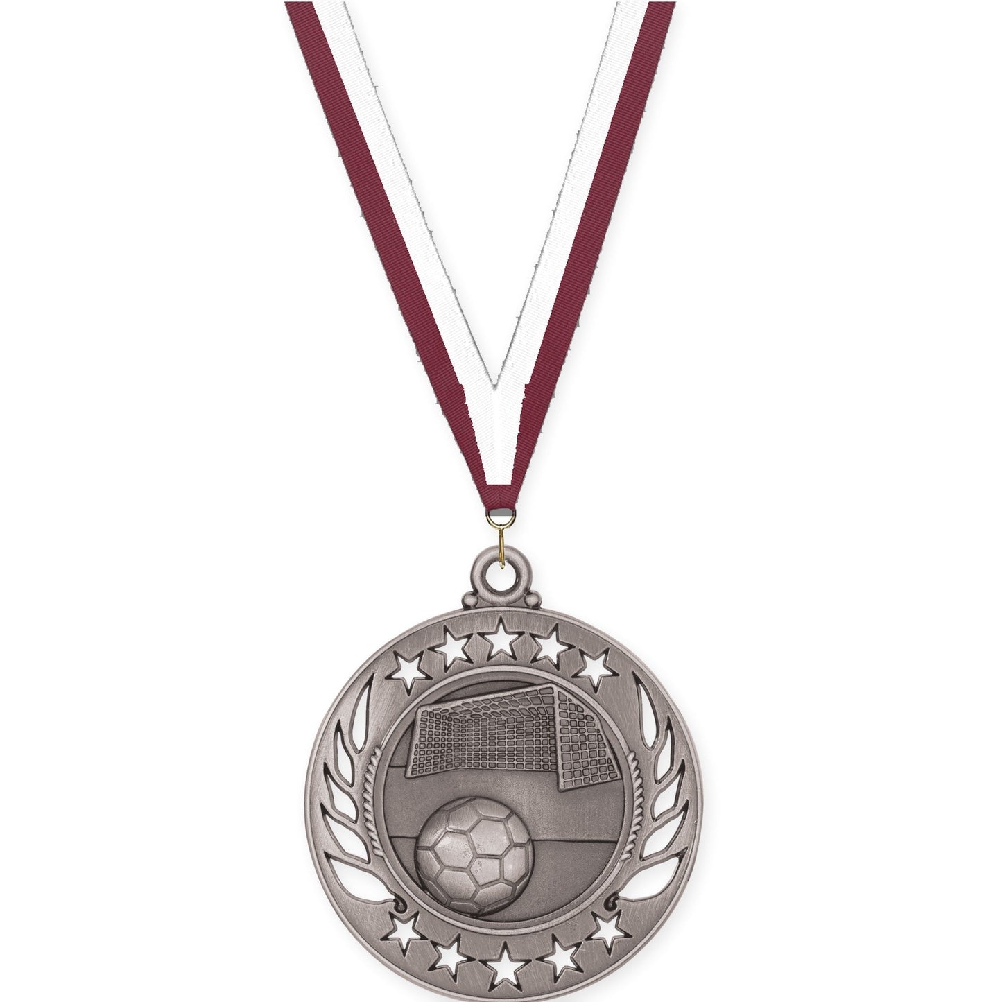 2 1/4 inch soccer Galaxy medal in antique silver with Maroon White neck ribbon