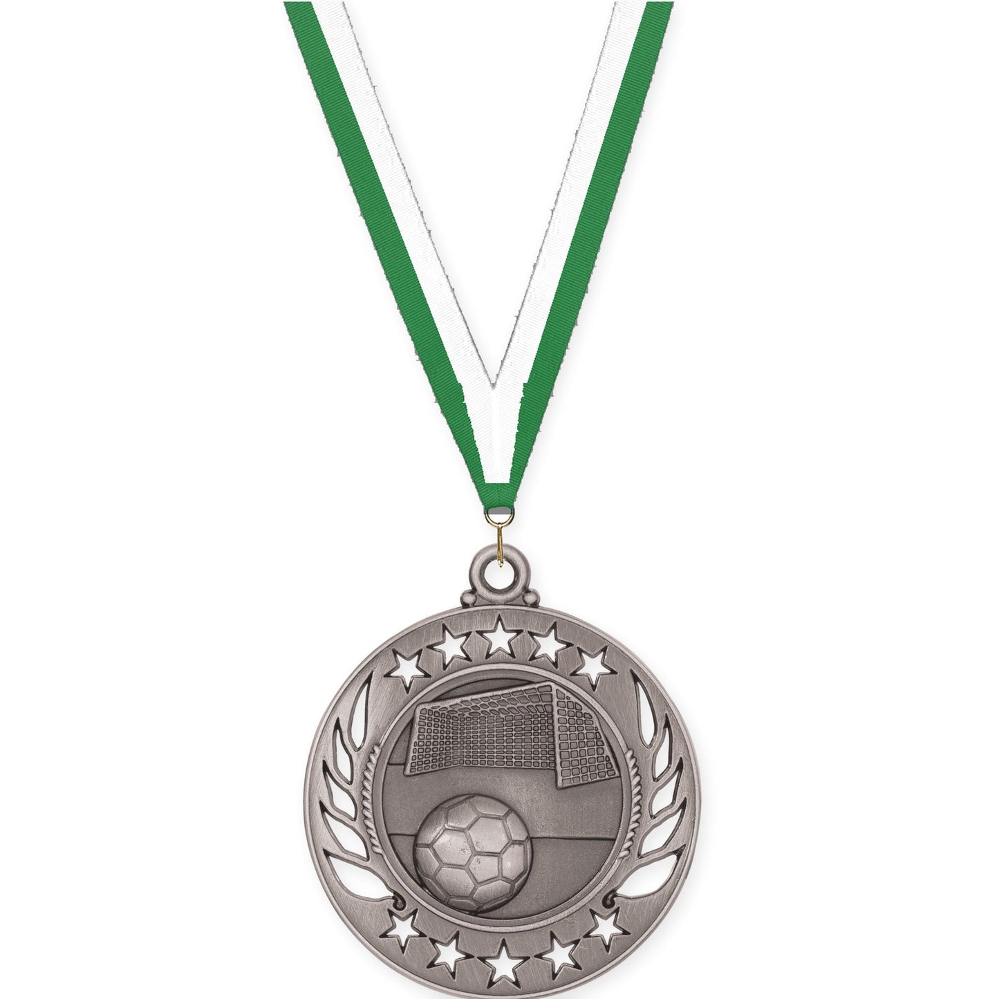 2 1/4 inch soccer Galaxy medal in antique silver with Green White neck ribbon
