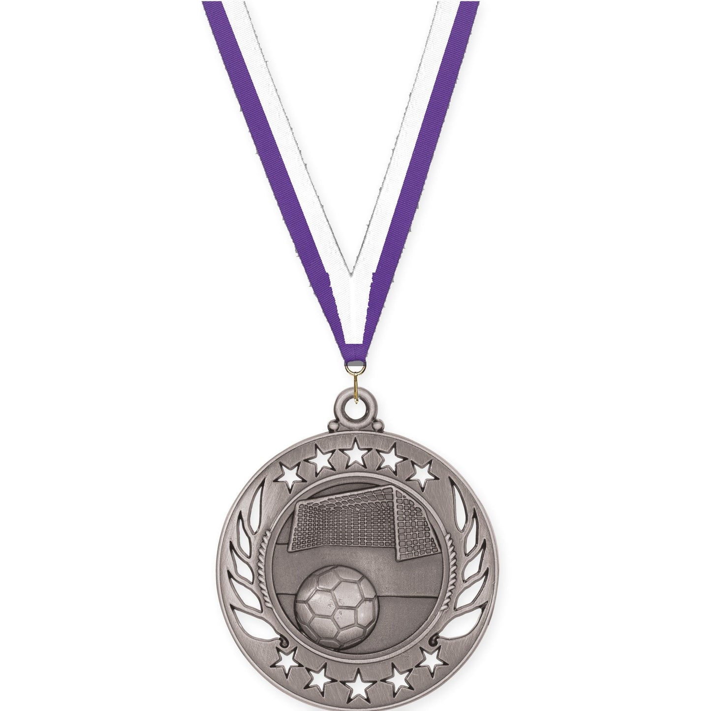 2 1/4 inch soccer Galaxy medal in antique silver with Purple White neck ribbon