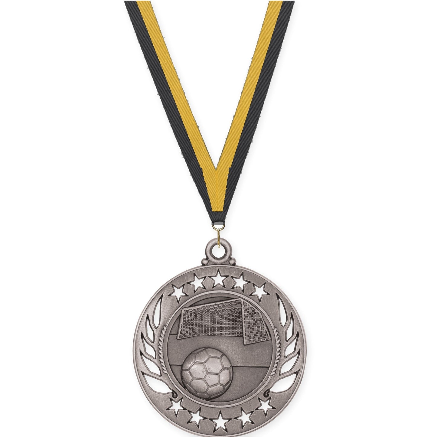 2 1/4 inch soccer Galaxy medal in antique silver with Black Gold neck ribbon
