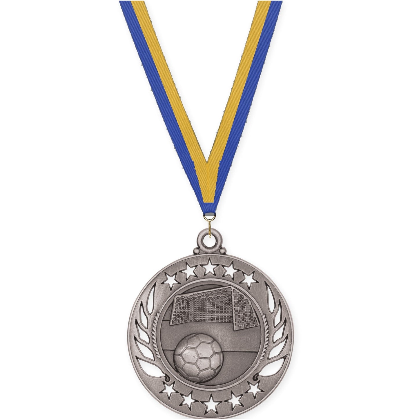 2 1/4 inch soccer Galaxy medal in antique silver with Blue Gold neck ribbon
