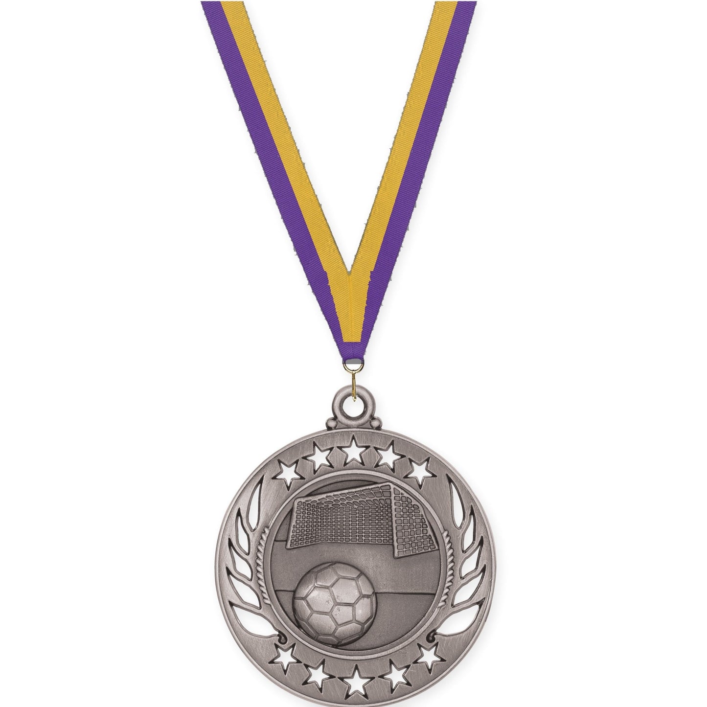 2 1/4 inch soccer Galaxy medal in antique silver with Purple Gold neck ribbon
