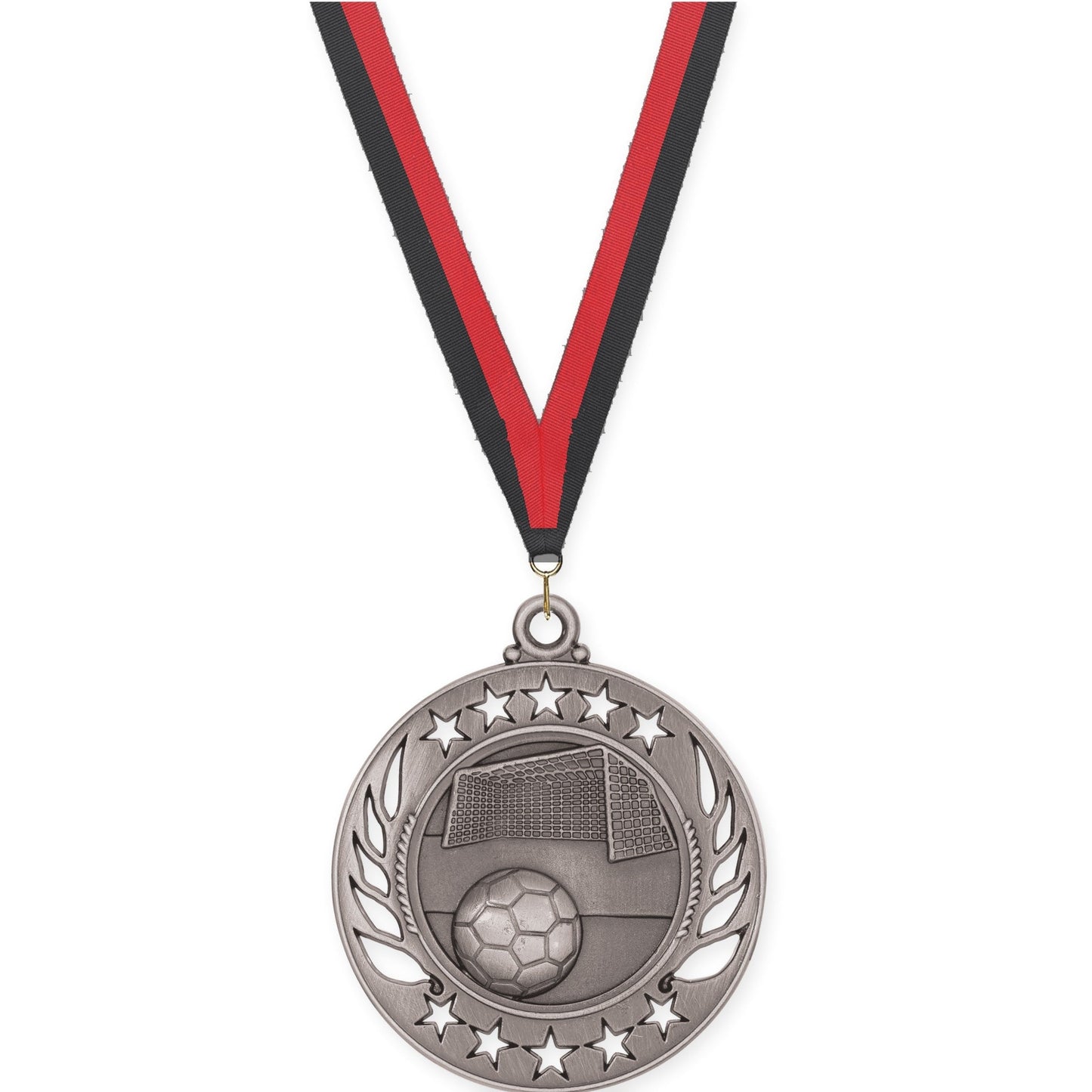 2 1/4 inch soccer Galaxy medal in antique silver with Black Red neck ribbon