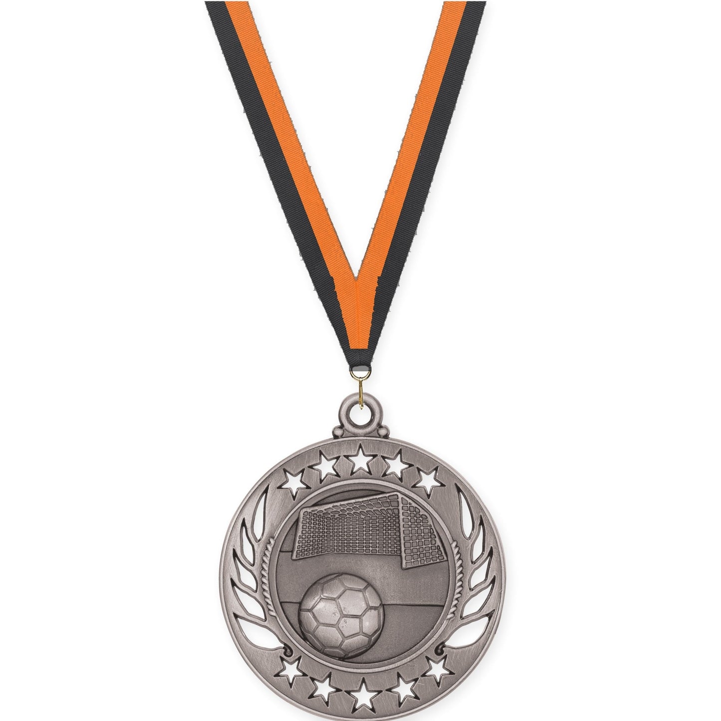 2 1/4 inch soccer Galaxy medal in antique silver with Black Orange neck ribbon
