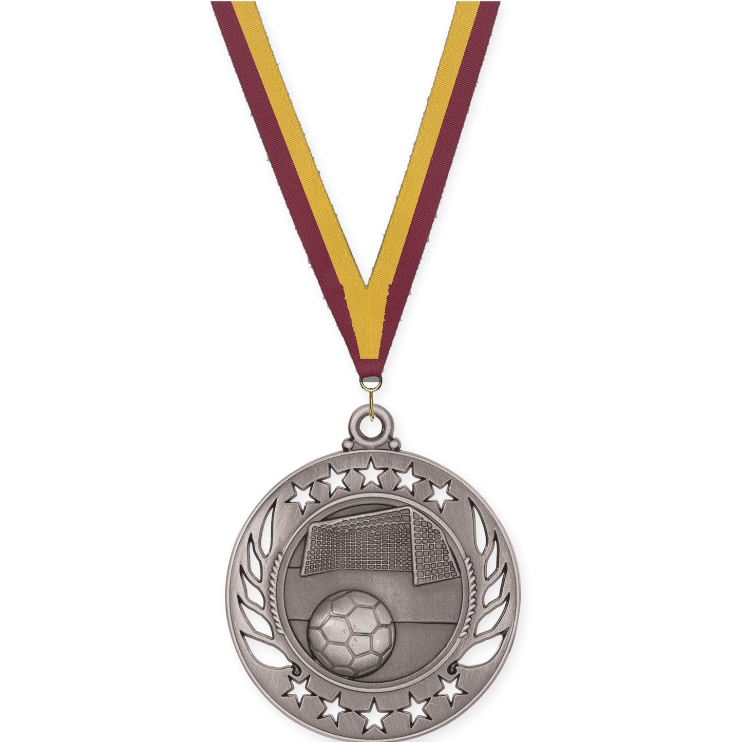 2 1/4 inch soccer Galaxy medal in antique silver with Maroon Gold neck ribbon