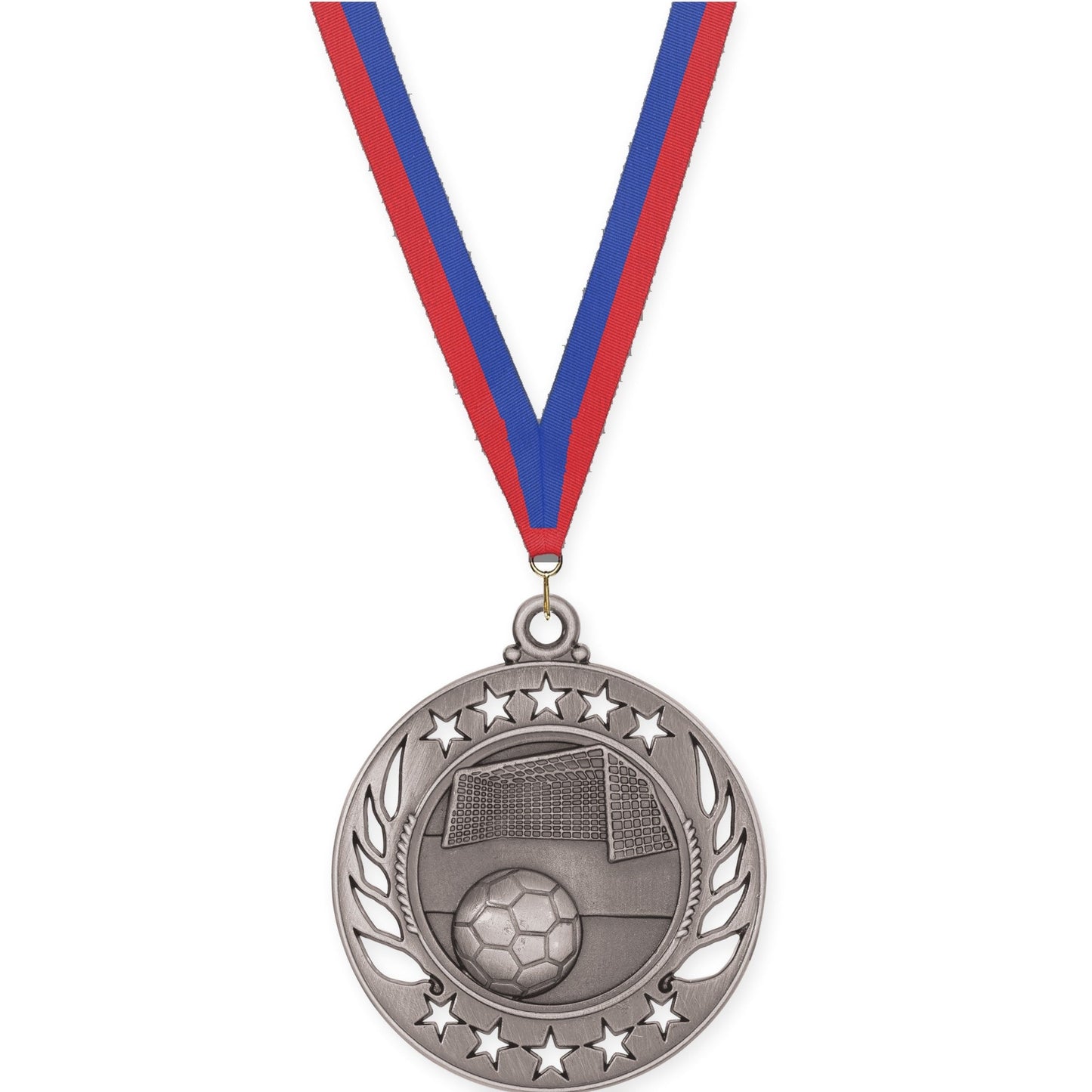 2 1/4 inch soccer Galaxy medal in antique silver with Blue Red neck ribbon