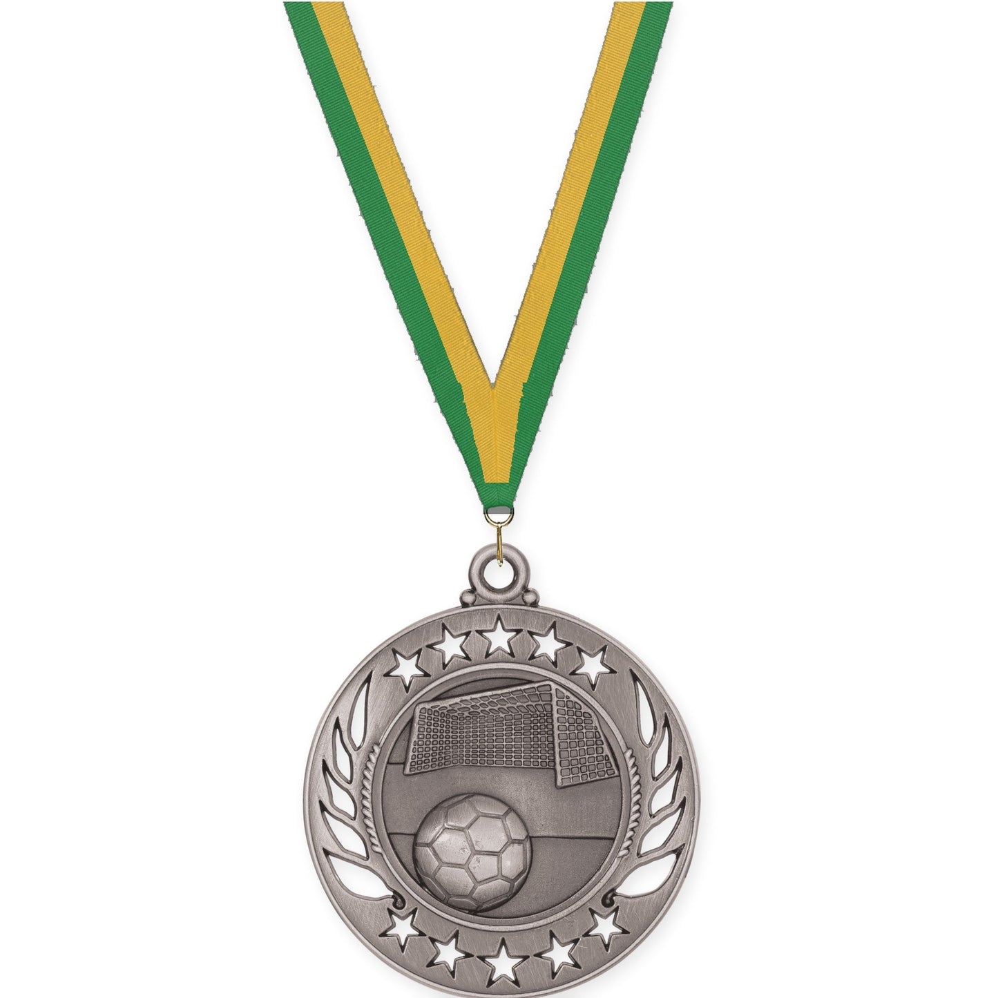 2 1/4 inch soccer Galaxy medal in antique silver with Green Gold neck ribbon