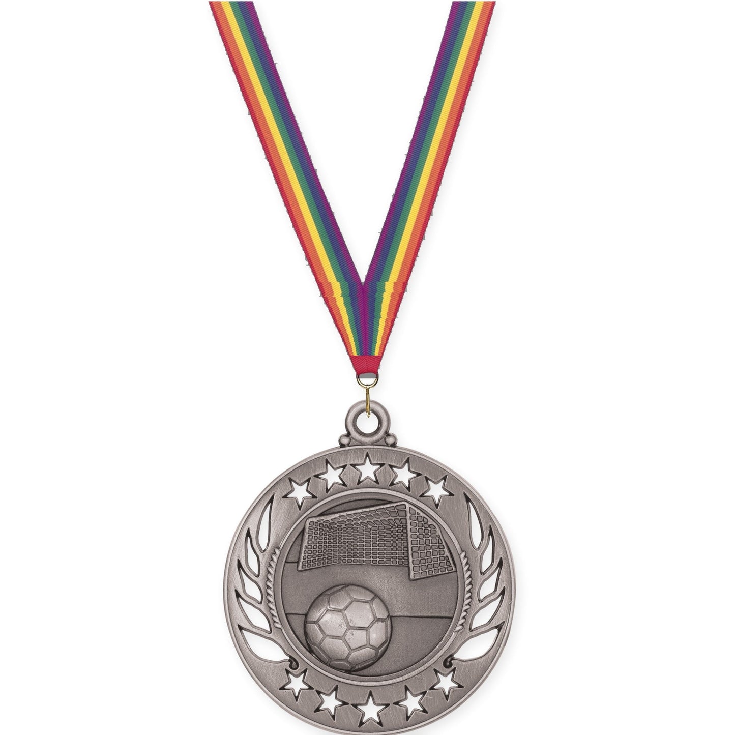 2 1/4 inch soccer Galaxy medal in antique silver with Rainbow neck ribbon