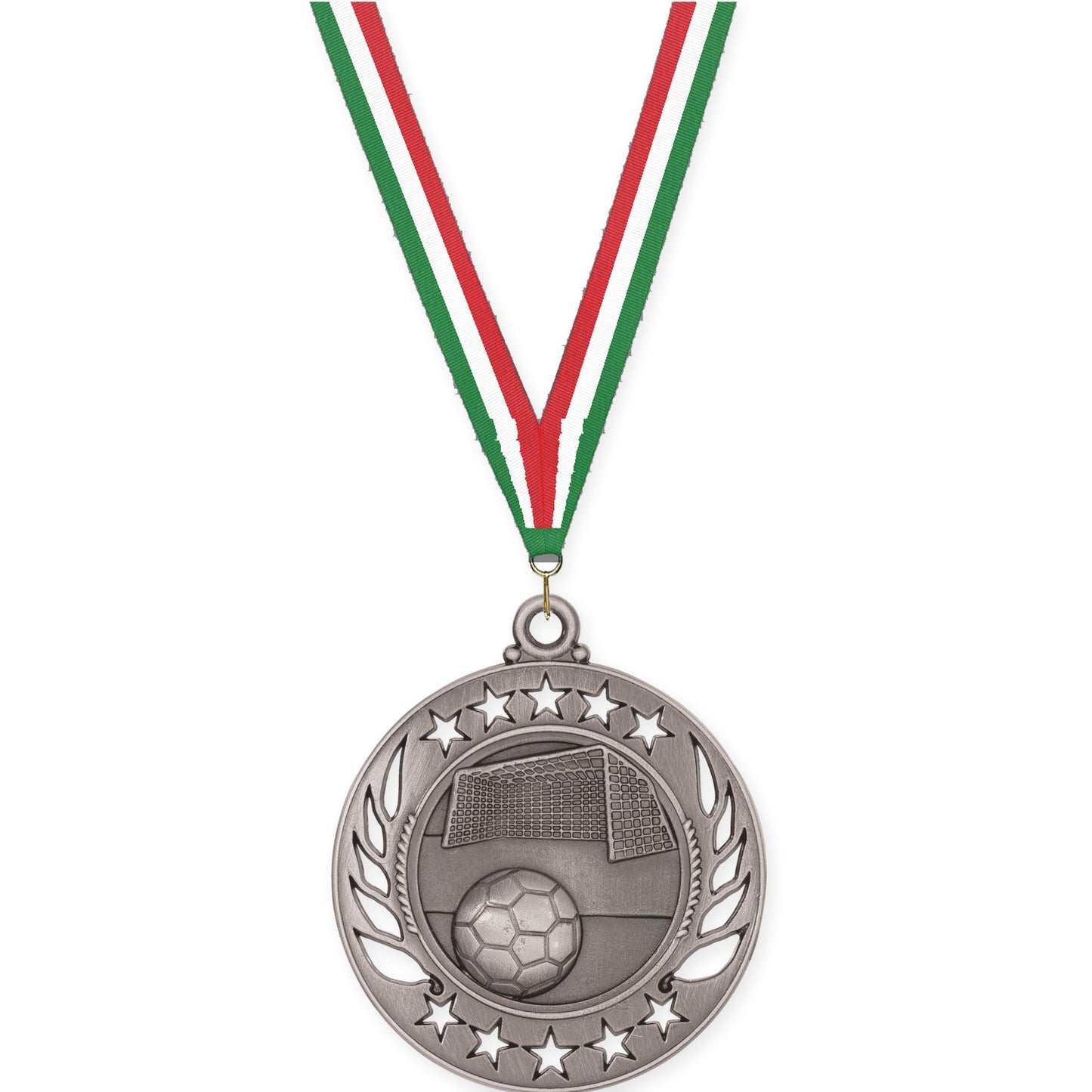 2 1/4 inch soccer Galaxy medal in antique silver with Green White Red neck ribbon